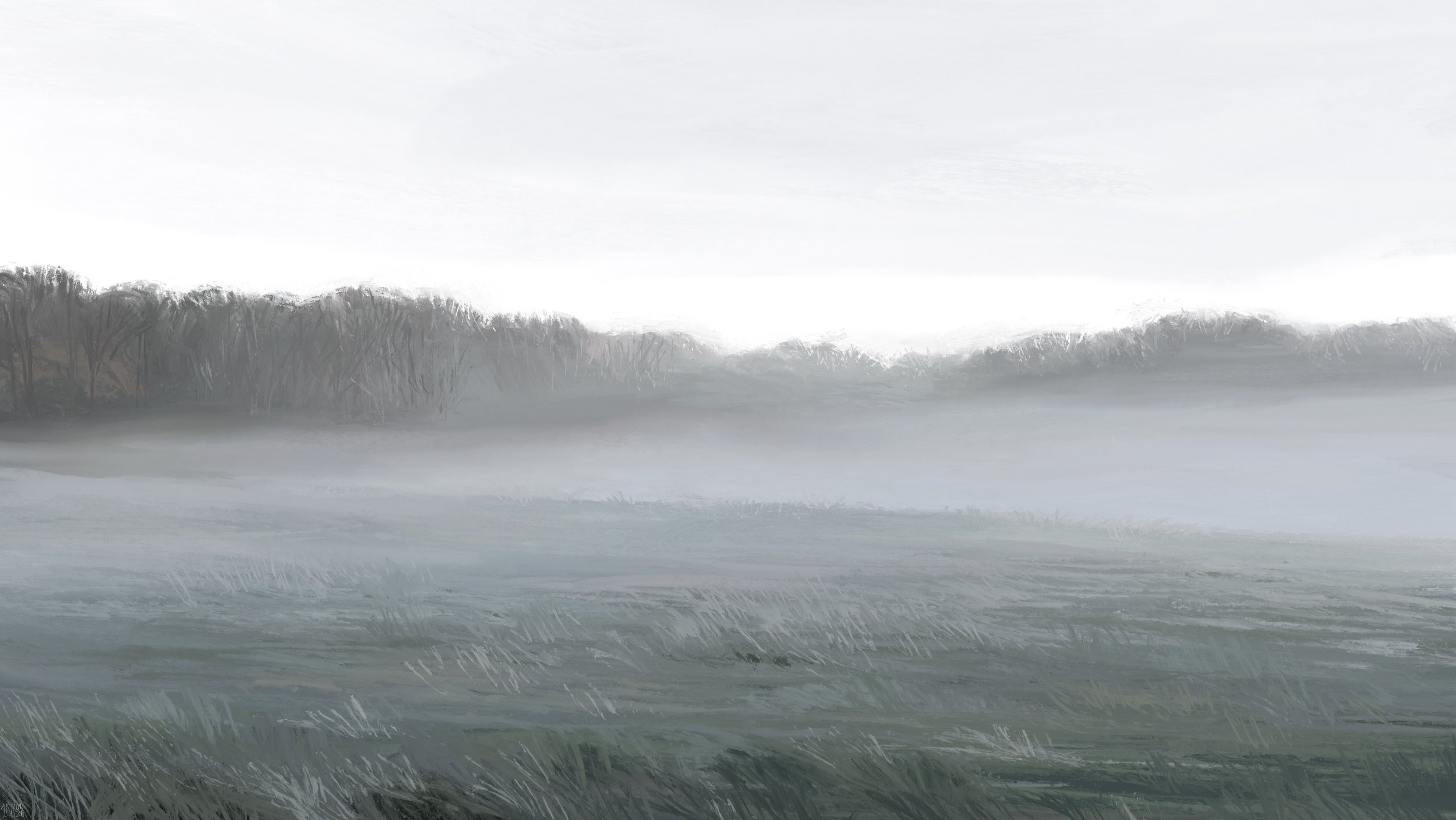 Digital painting of a foggy winter landscape: it is a field of frozen grass, with bare trees in the distance, half-bathed in fog. The sky is the lightest shade of grey.
