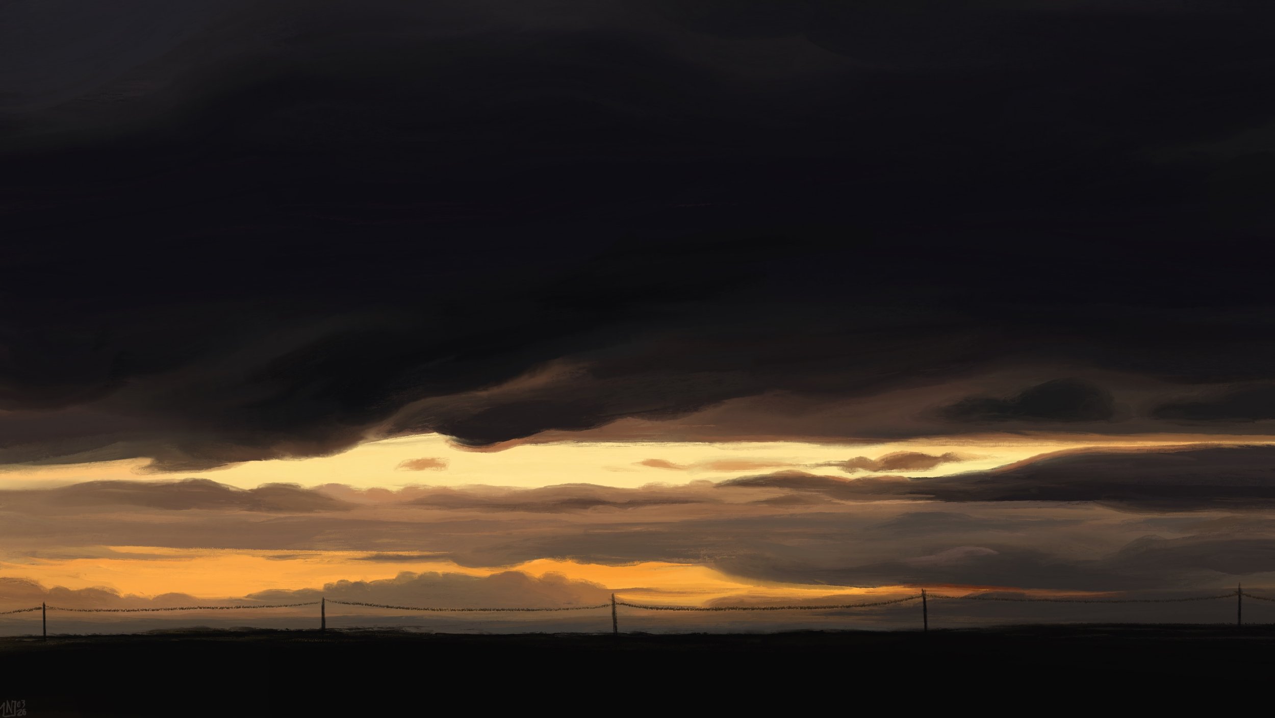 Digital painting of a cloudy sunset: the top half of the sky is covered in charcoal grey clouds, and the lower half, pastel yellow and orange, is run through with long grey clouds as well. There is a phone line running along the horizon.