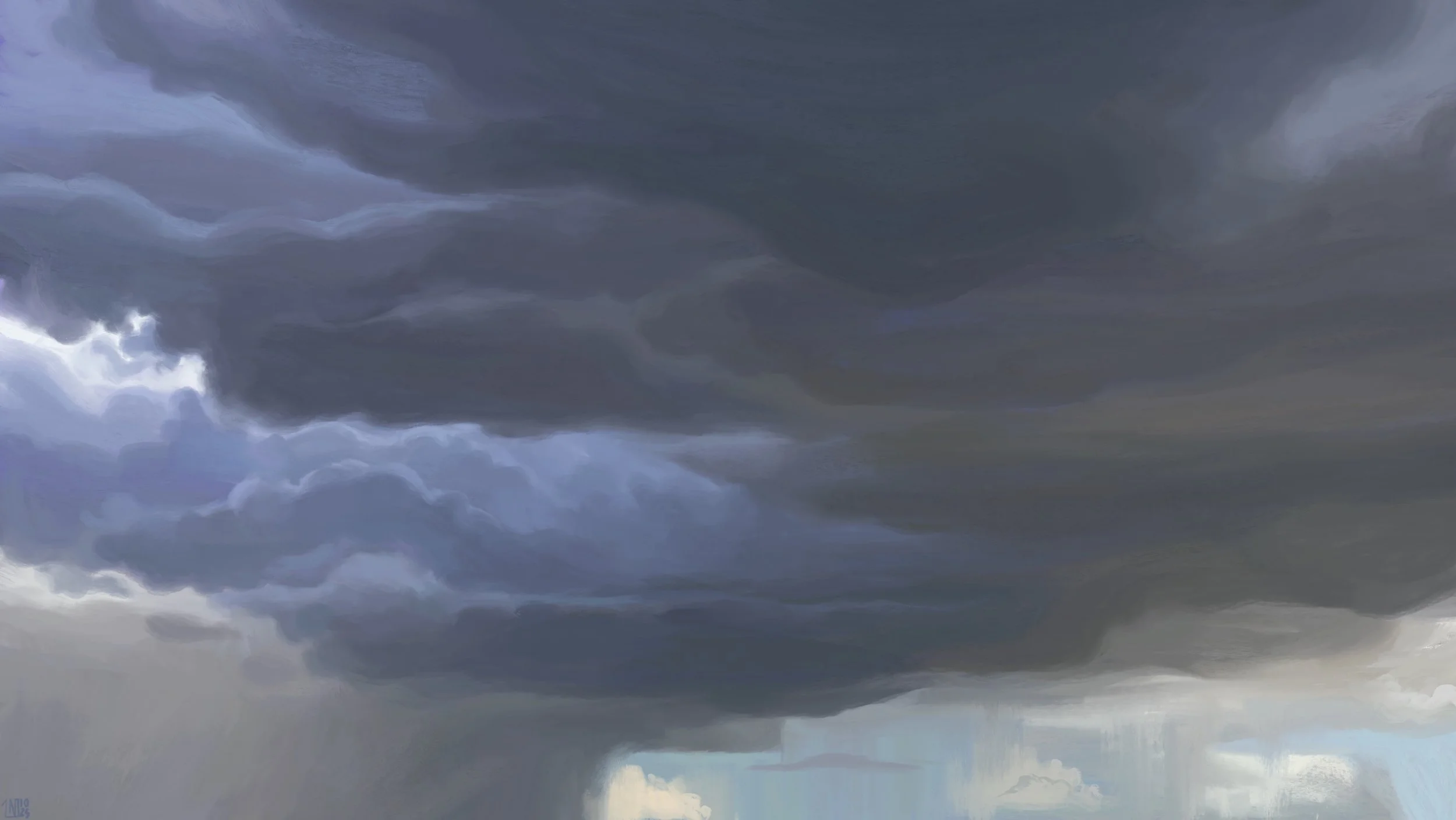 Digital painting of a stormy sky: large, dark clouds looming and raining in thick curtains upon a small, pale blue corner of the sky.