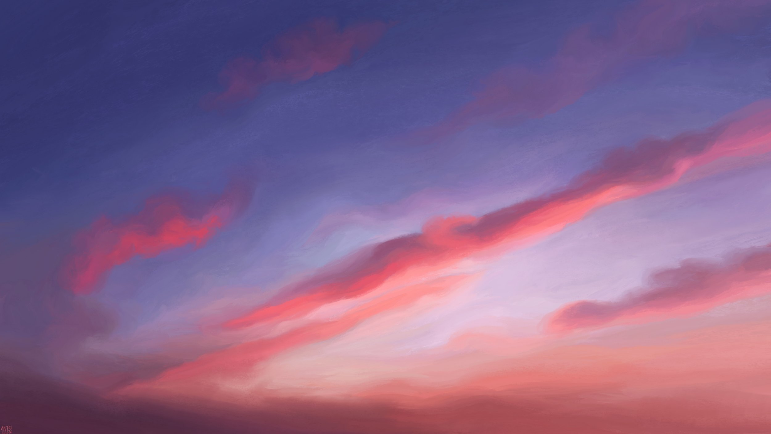 Digital painting of a sunrise sky: long, fuzzy, pink and purple clouds stretching out into the blue sky, with diffuse morning light reaching  from underneath.