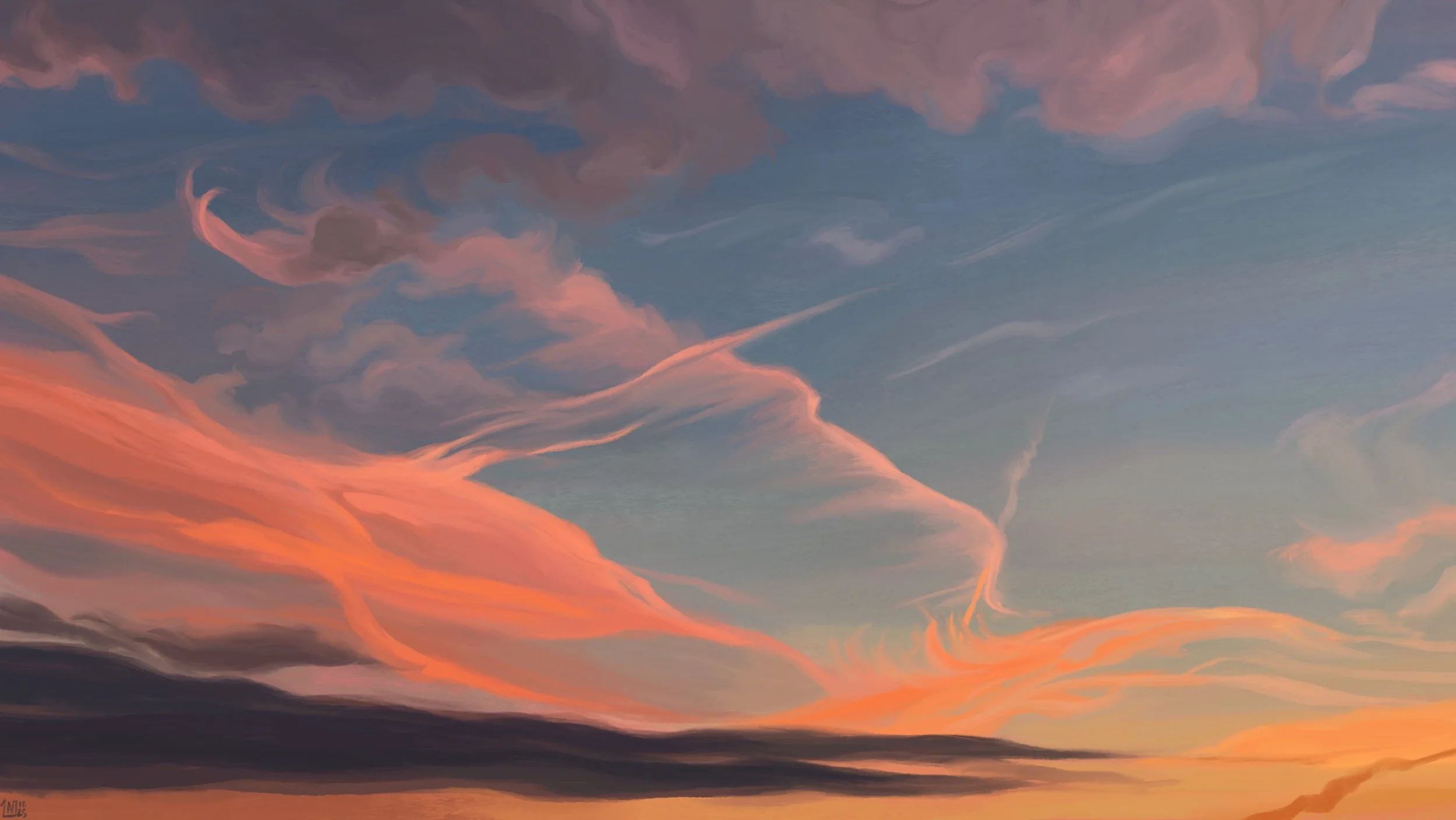 Digital painting of a sunset sky, a gradient of blue to orange with a variety of clouds spread over the whole frame. Long, flat, and dark grey in the lower third, bright, orange, squiggly lines in the middle, and grey and fuzzy at the top.