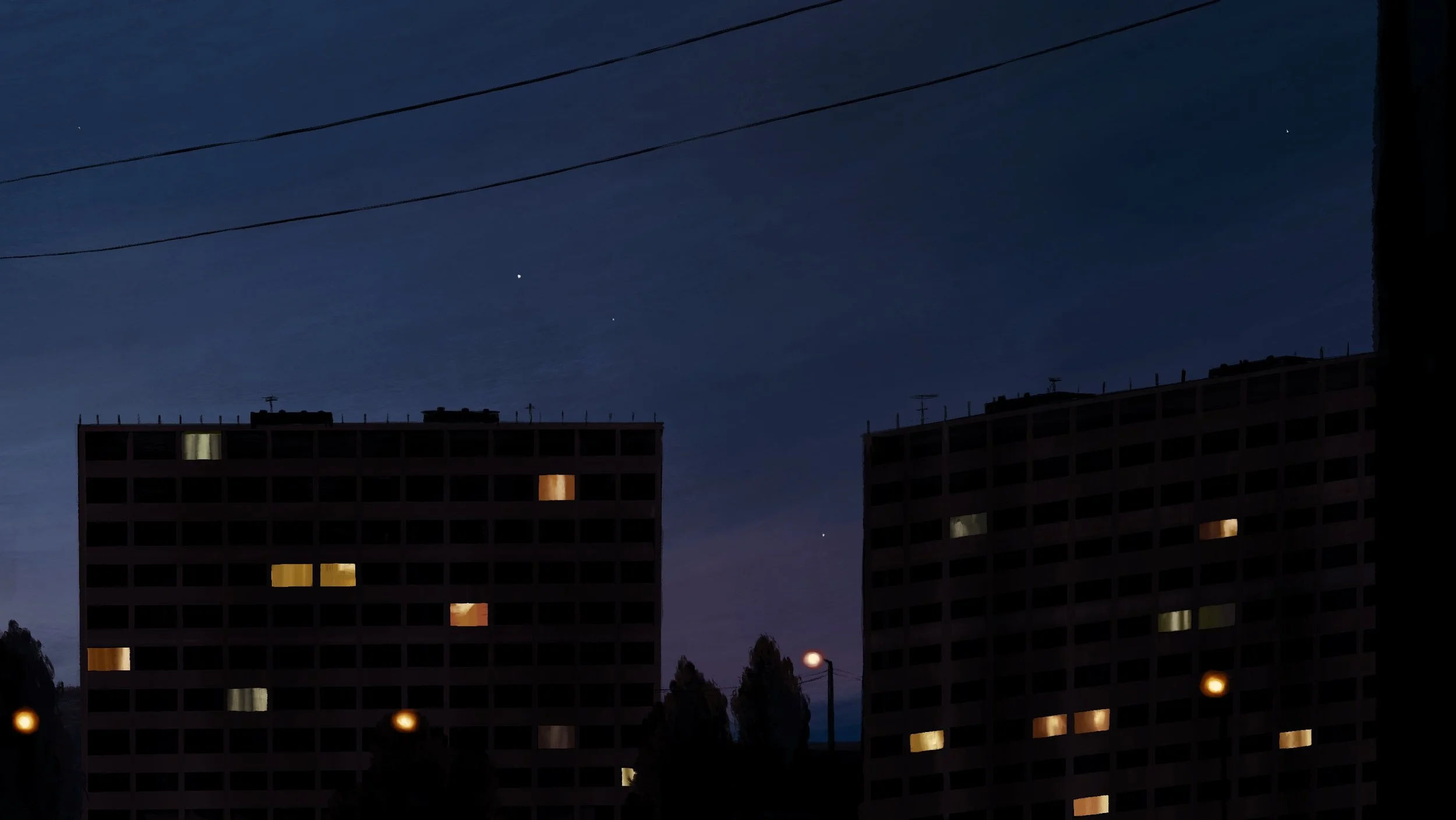 Digital painting of an early night scene in the city: two buildings with some lights on, some lampposts, trees, some phone lines running across the frame. The sky is a dark blue, going on purple above the horizon, with a few stars here and there.