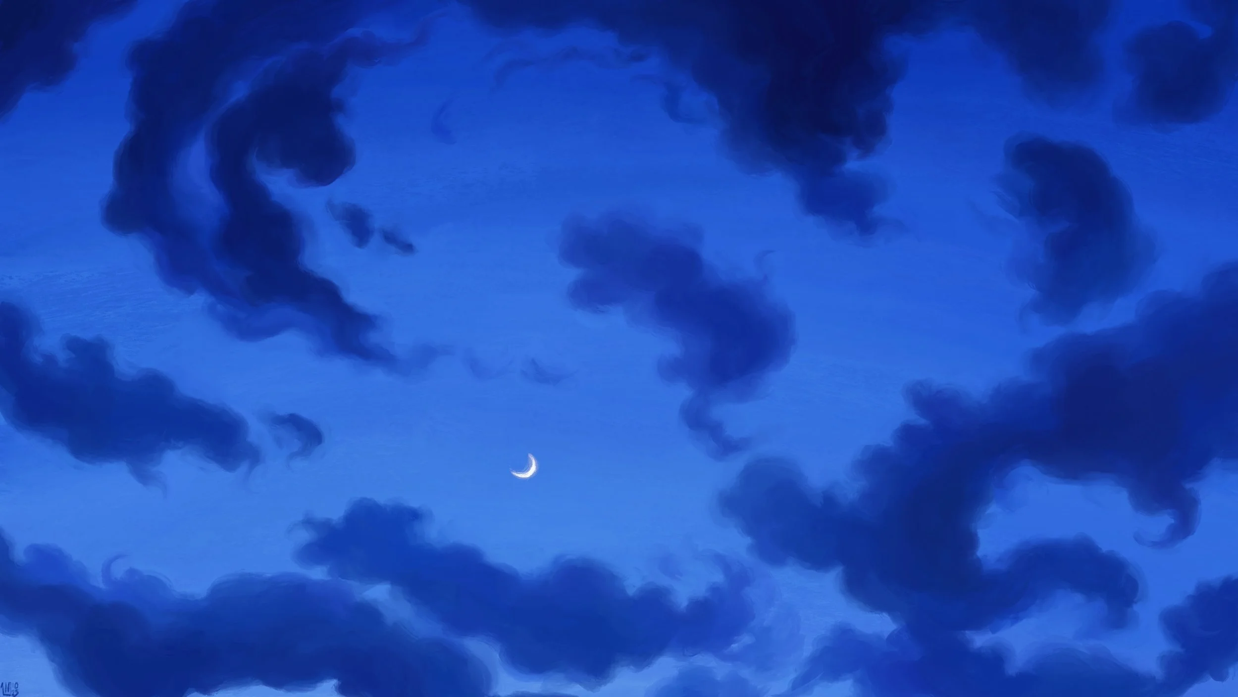 Digital painting of a twilight sky, medium blue, with deep blue clouds coiled around a small waxing moon crescent.