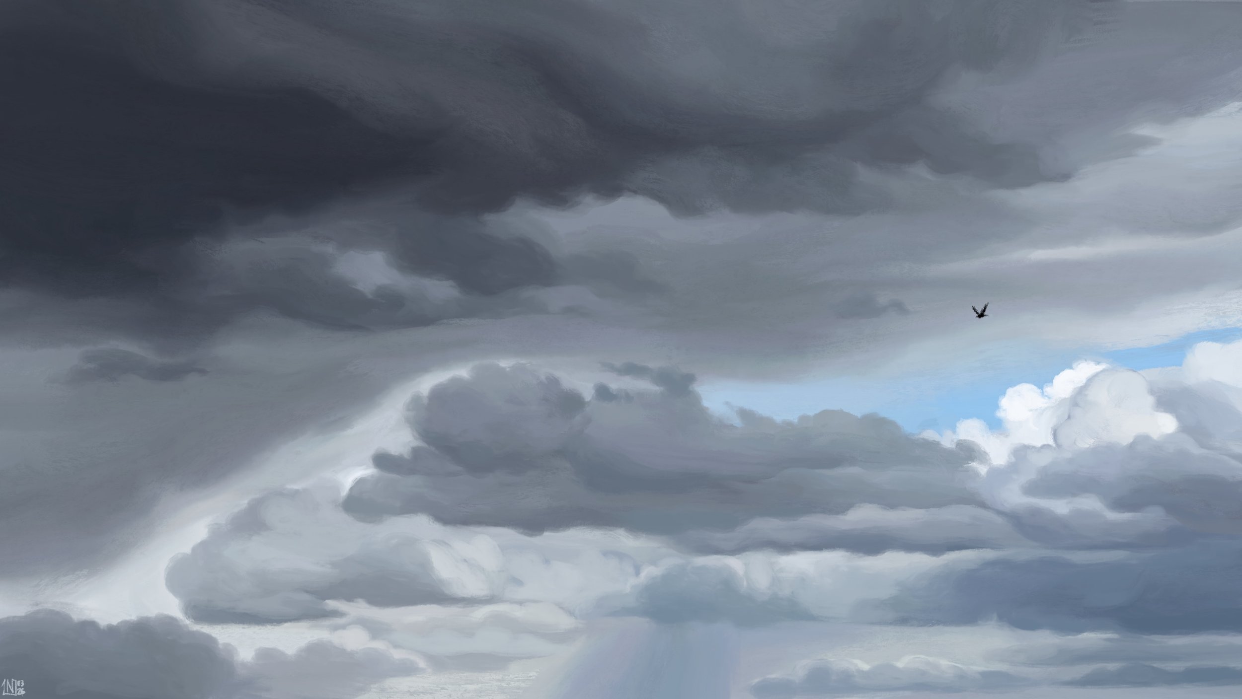 Digital painting of a cloudy sky: most of the clouds are long, grey, with jagged edges. Some of them are fuzzier, a sweeping movement. There is a bit of blue in between rows of clouds, and a black bird flying.