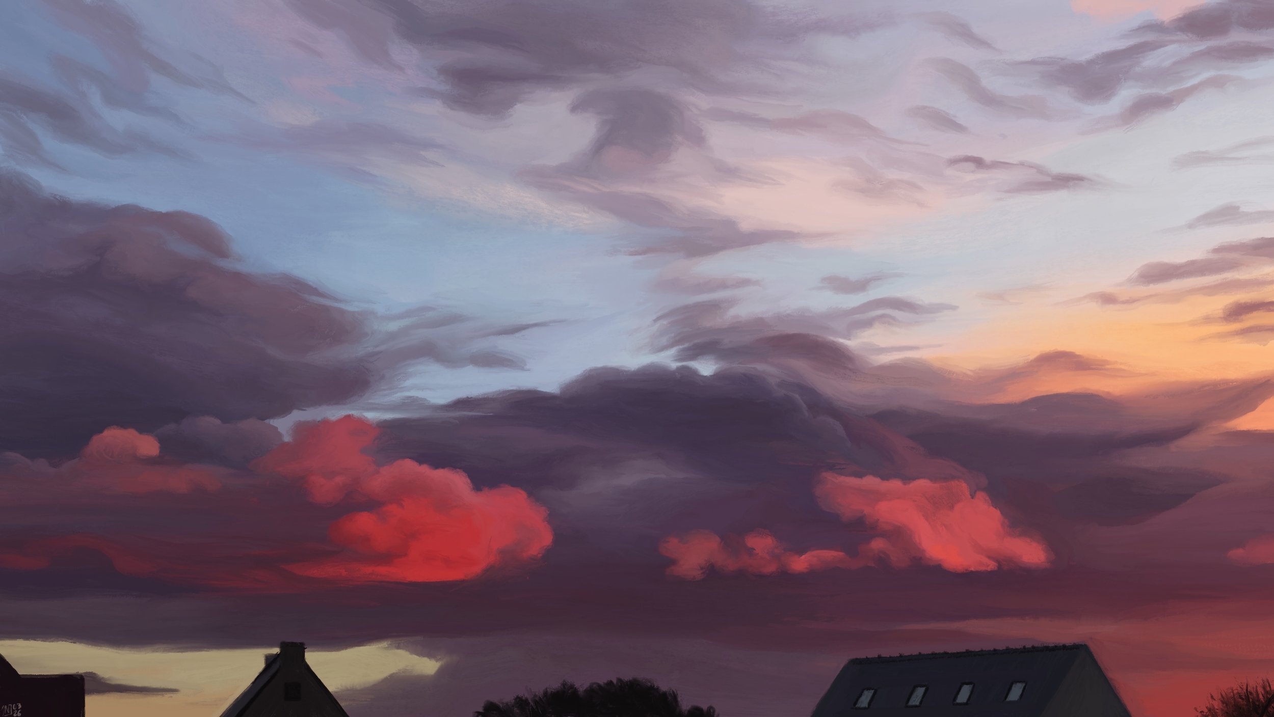 Digital painting of a sunset sky: the sky is pastel tones of blue and yellow, half-filled with large swathes of purple-grey clouds, and a few bright pink clouds in front of them. Also small, wispy grey clouds, dark roofs and trees low in the frame.