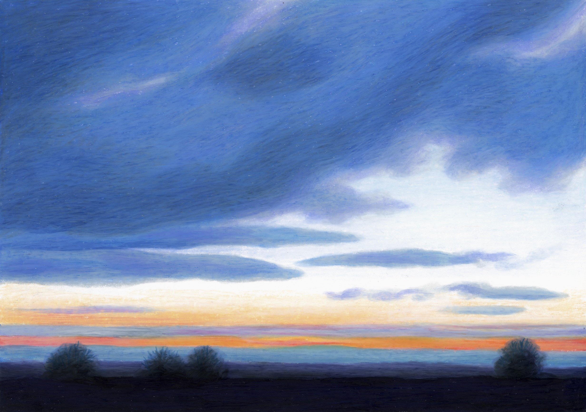 Wax pastel drawing of a sunset scene: the pale sky is half-covered with dusty blue clouds. There is a thin strip of bright orange over the horizon. There are a few trees emerging over the dark landscape.