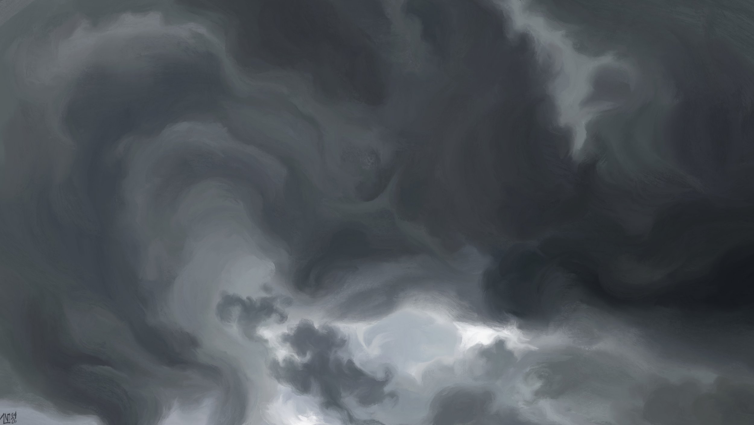 Digital painting of a dark cloudy sky. The clouds are churning and curling in a chaos of all shades of grey.