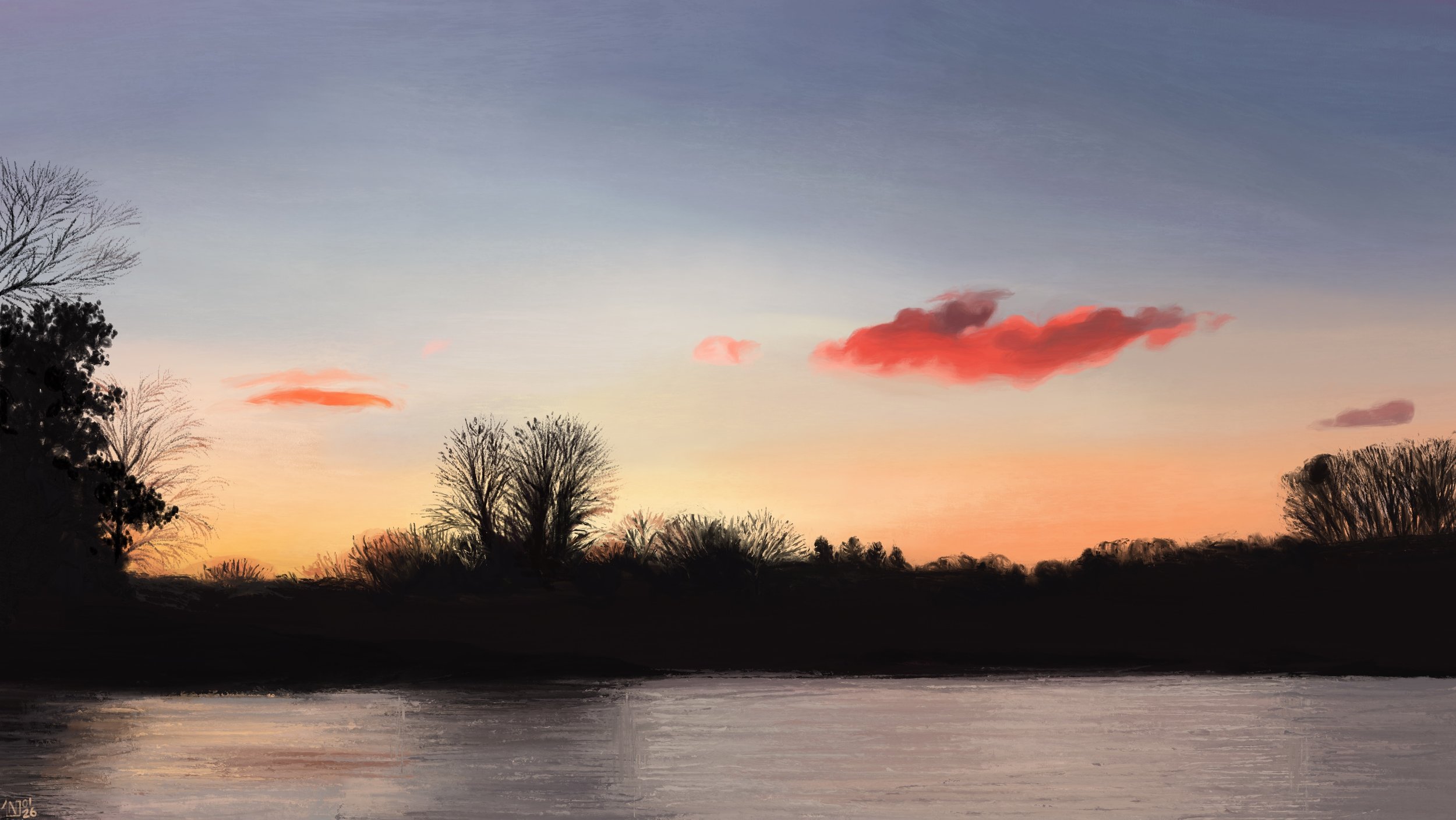 Digital painting of a sunset scene: over a pond, the dark silhouettes of trees in dim dusk light. There is a couple of bright red clouds floating in an otherwise clear sky, a gradient of pale blue to orange.