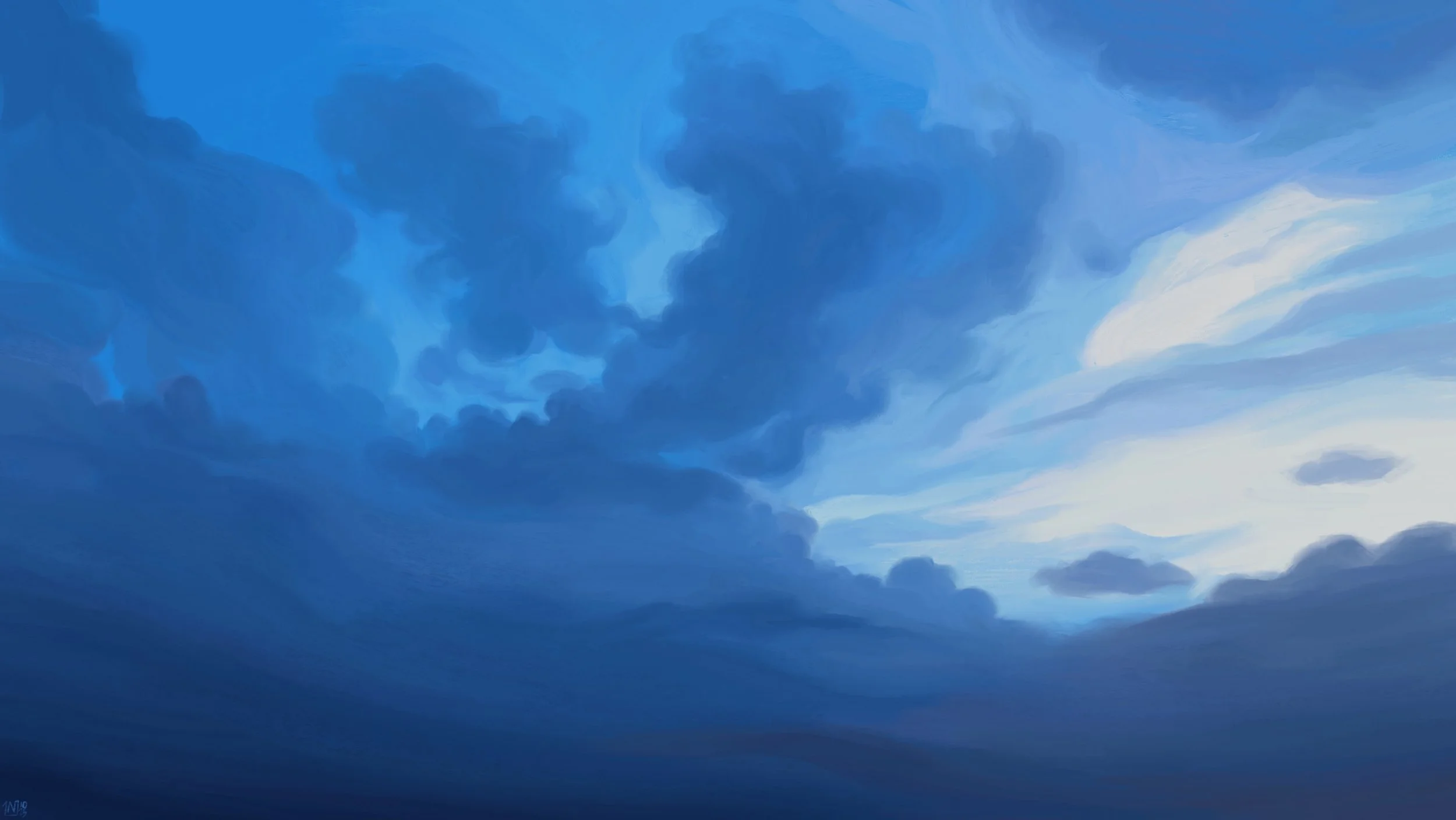 Digital painting of an overcast sky, dark blue clouds in a pale sky. Dim morning light is coming through, washing up the edges of the clouds.