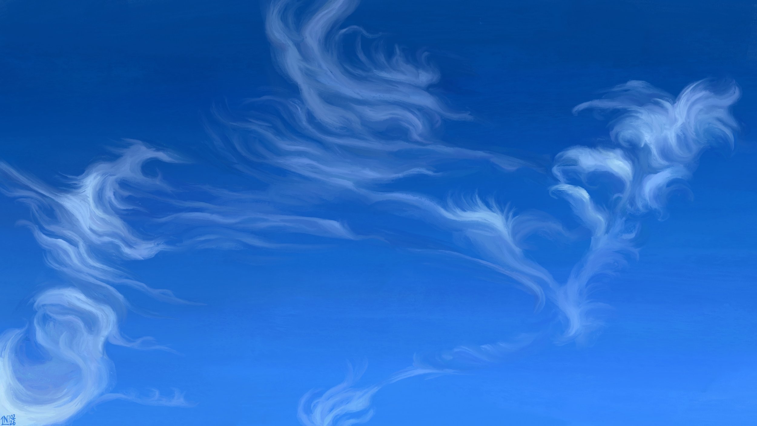 Digital painting of a bright blue sky in which there are long, wispy, skinny cirrus contorting and twisting into different, abstract shapes.