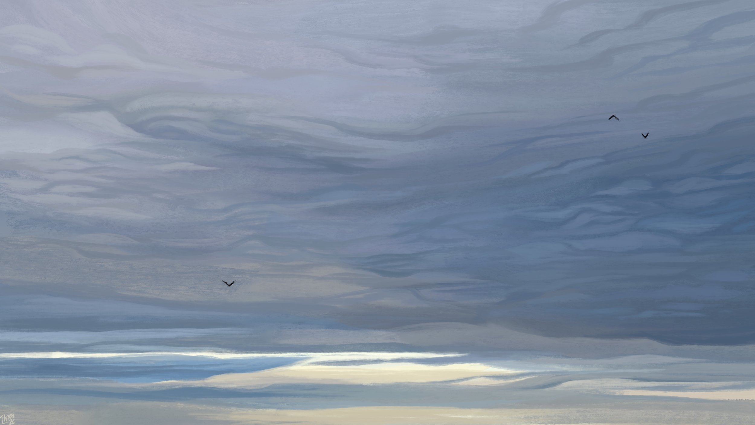 Digital painting of a cloudy sky, shades of grey and blue. There are small waves running across the clouds, a pattern that would more often be seen on the surface of water. There are a few birds flying in the sky.