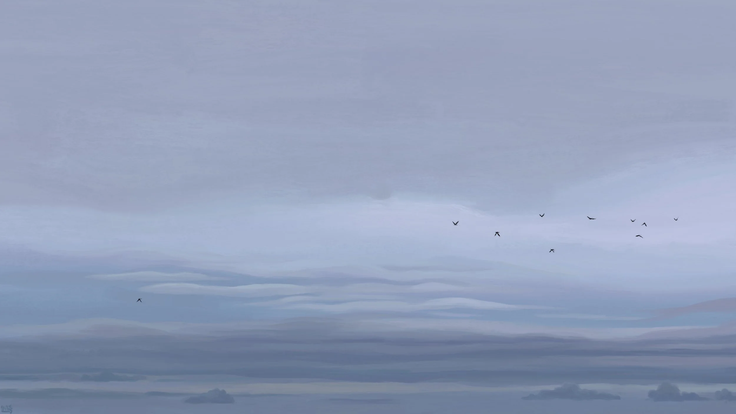 Digital painting of a quiet grey sky, a featureless blur of shades of grey with long, smooth clouds creating ripples over the lower tier of the frame. A flock of black birds is flying in the distance.