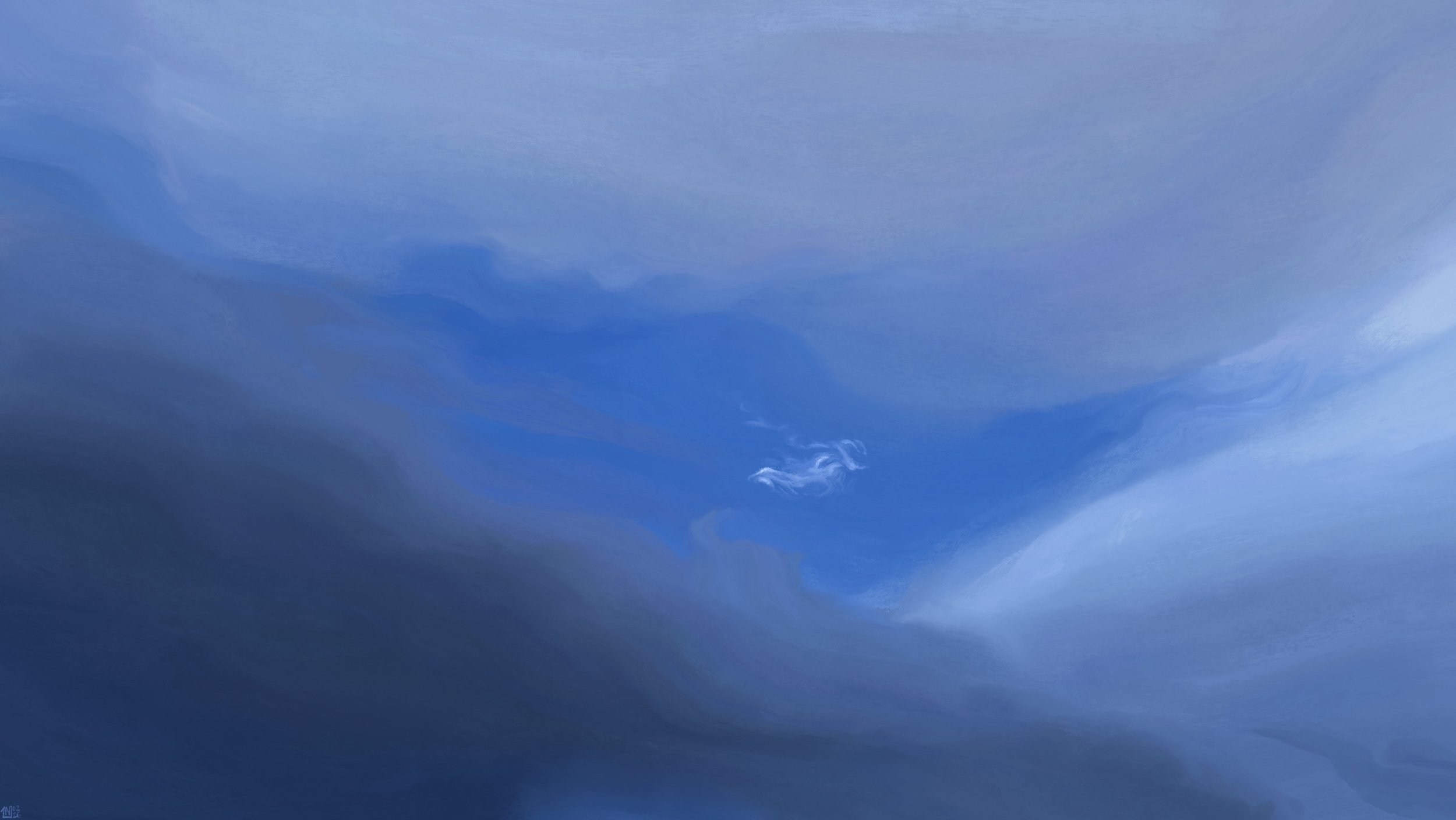 Digital painting: a piece of blue sky is framed by large, sweeping clouds, light grey in the upper half, dark grey in the lower half. There is a small, torn up bit of white cloud floating in the in-between.