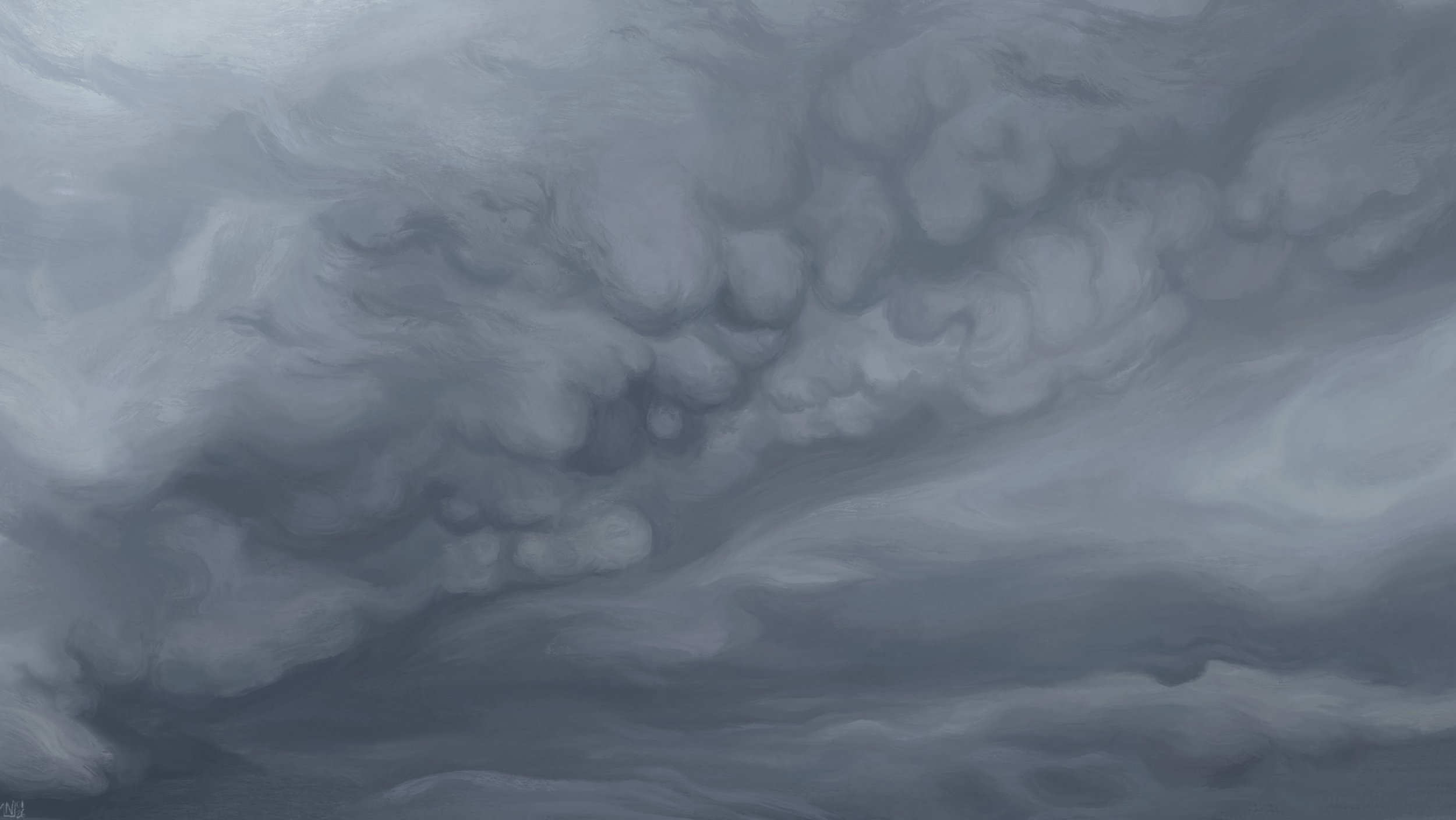 Digital painting of a cloudy sky: thick, opaque, dark grey layers. There are pocket-like formations of various sizes bubbling downwards on the top layer of the clouds.