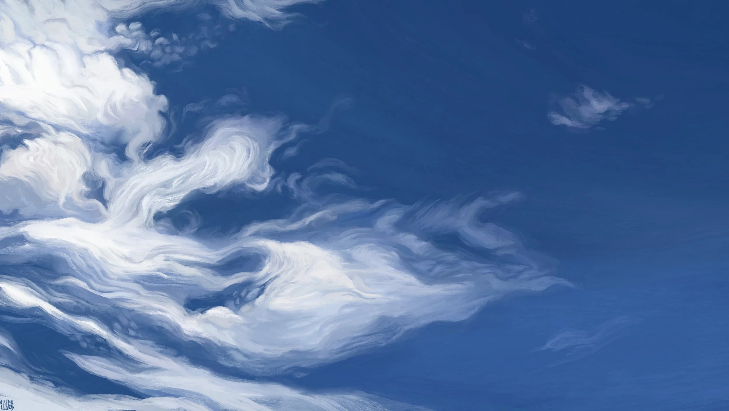 Digital painting of a bright blue sky, half of it covered with fibrous white clouds wrapped around one another, wispy on their edges.
