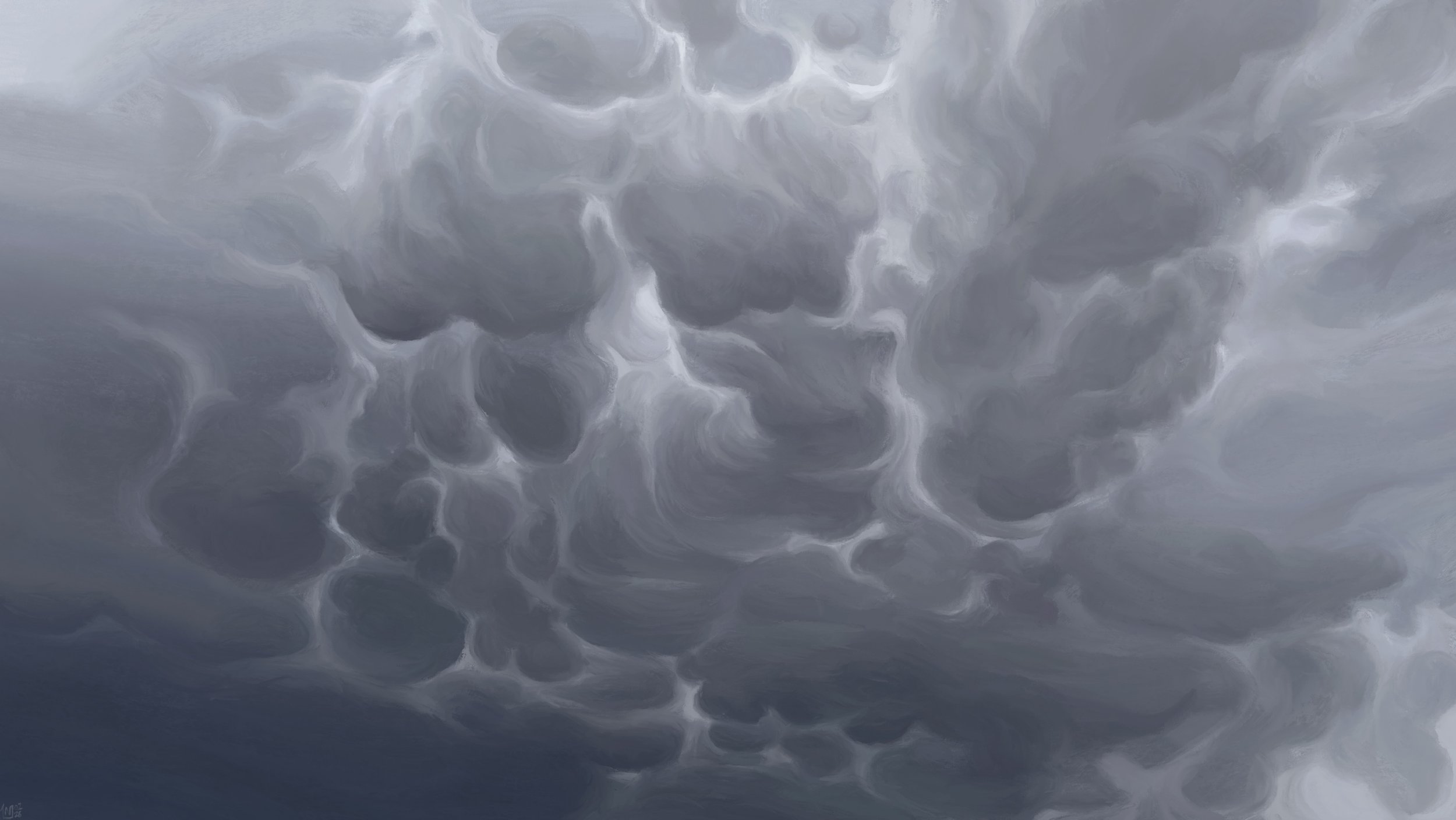 Digital painting of a dark, cloudy sky, featuring an odd pattern of large pouches hanging from the clouds. The clouds are dark grey, but light is shining through gaps in between the pouches.