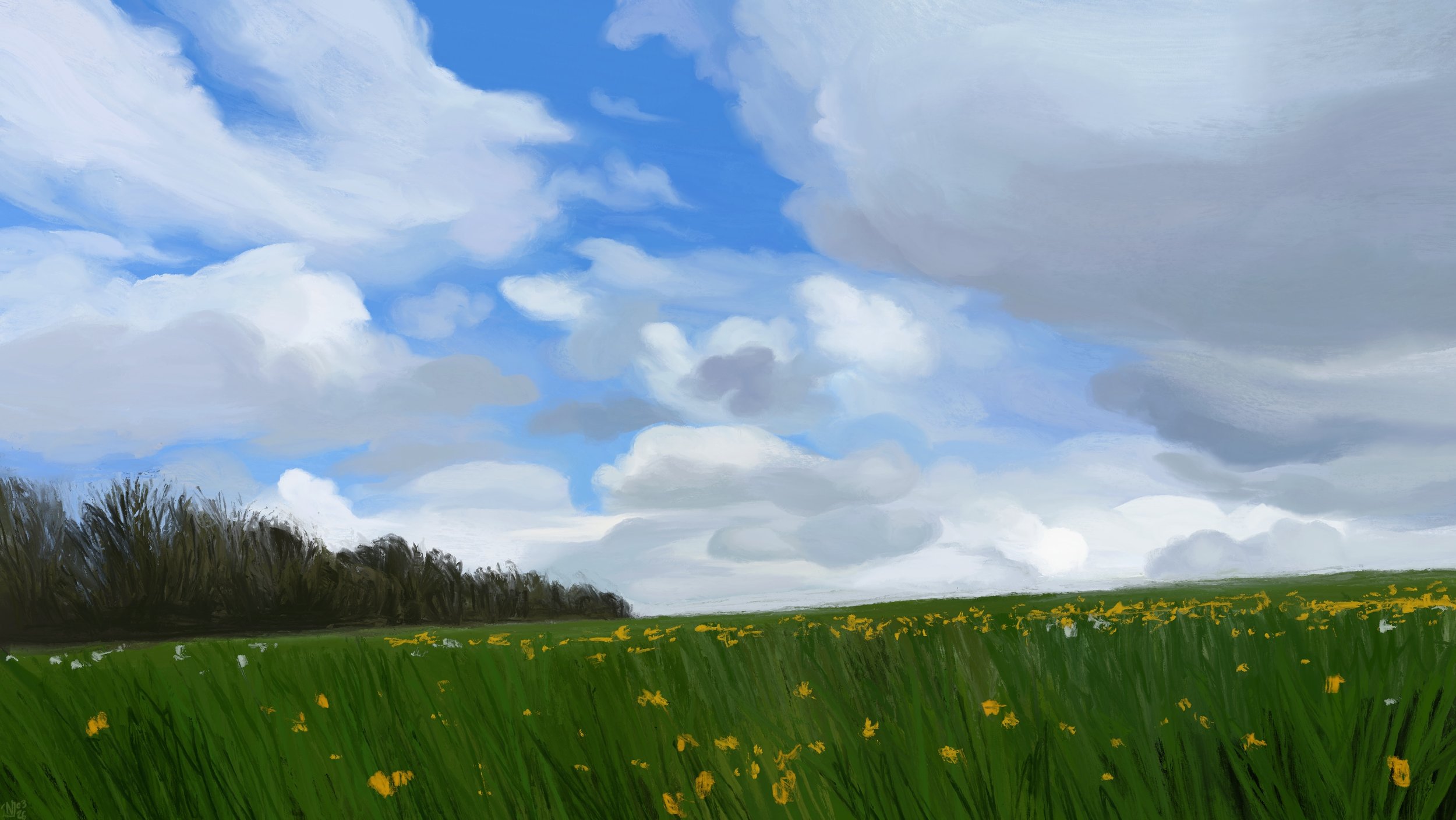 Digital painting of a bright green field of grass filled with yellow and white wildflowers. The sky overhead is blue, covered in large white and grey clouds of various shapes and sizes. A few bare trees in the distance, left-hand side.