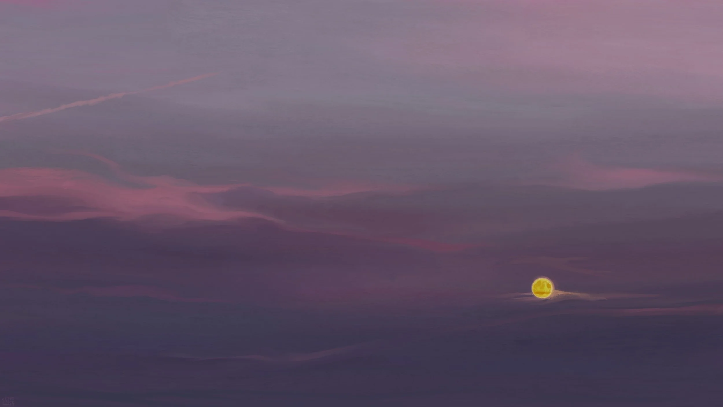 Digital painting of an evening sky, lilac and purple, covered in shapeless, wispy clouds. The yellow full moon is sitting there, glowing slightly.