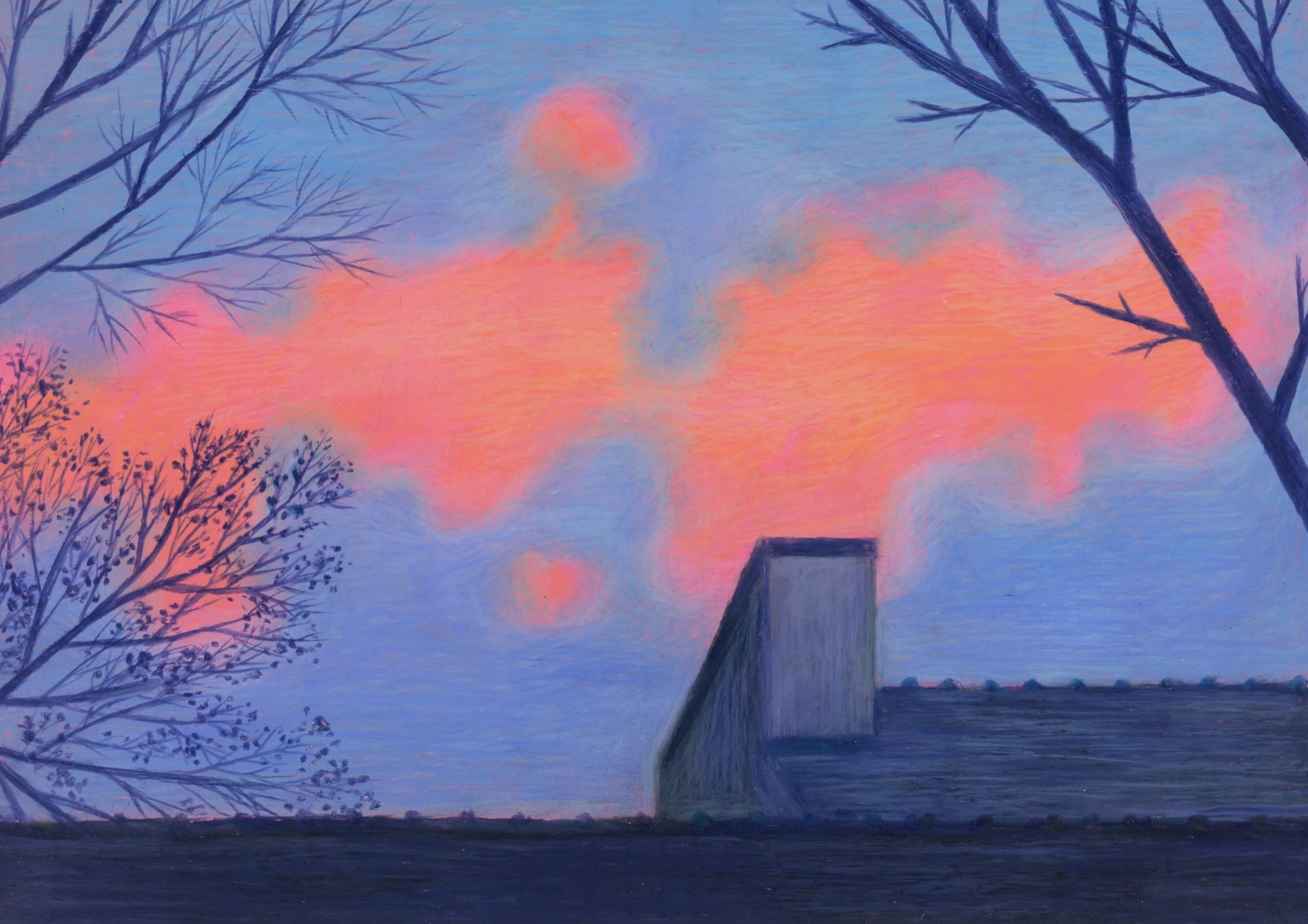 Wax pastel drawing of a sunset scene: shapeless, bright pink clouds are glowing in a pastel blue sky over some roofs, a chimney. Some bare trees are leaning into the frame; one of them has small leaves growing along its branches.