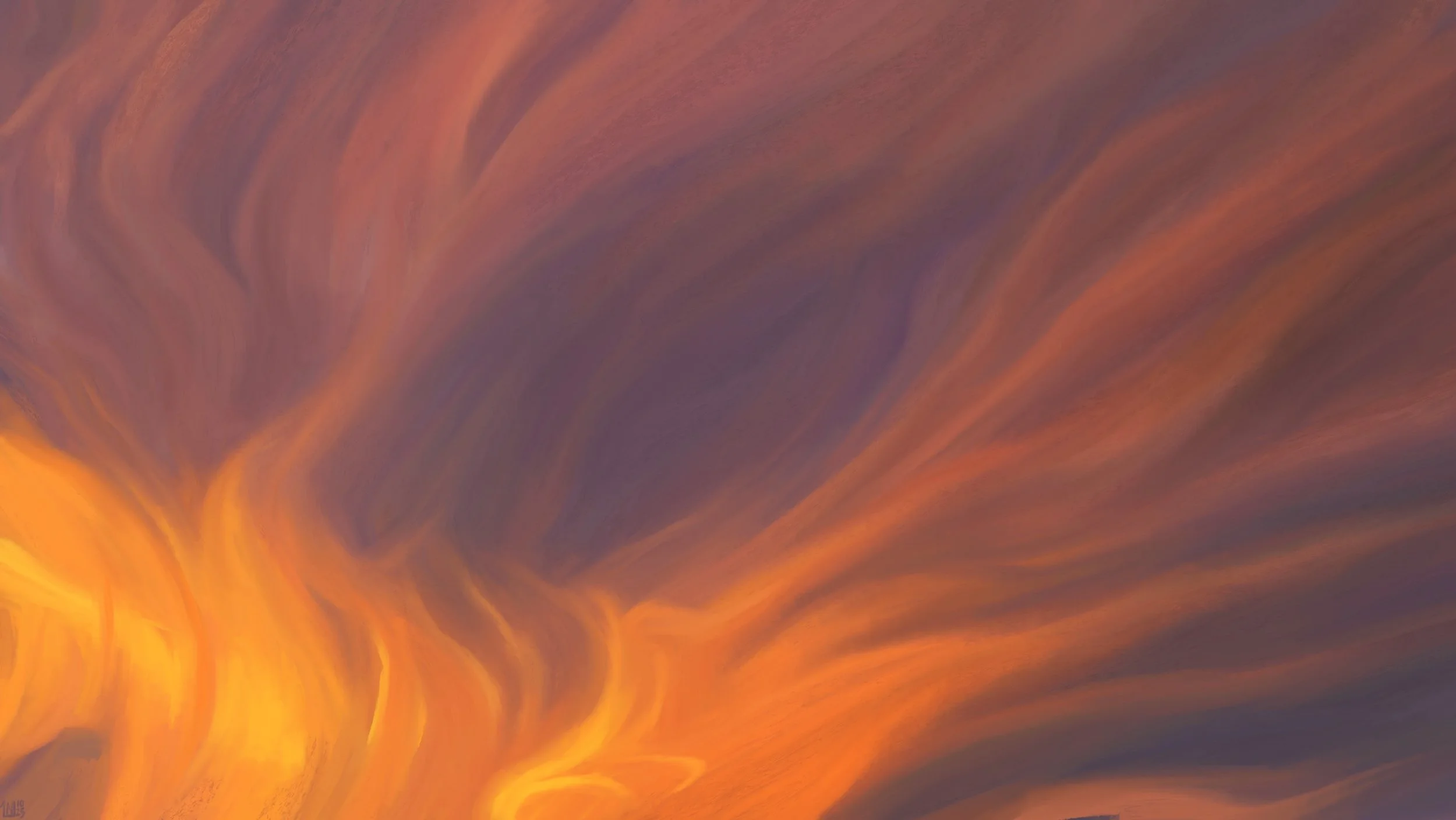 Digital painting of a sunset sky, fibrous clouds spread out in soft waves. There is bright orange and yellow glowing at the base of the clouds, and purple in the shadows.