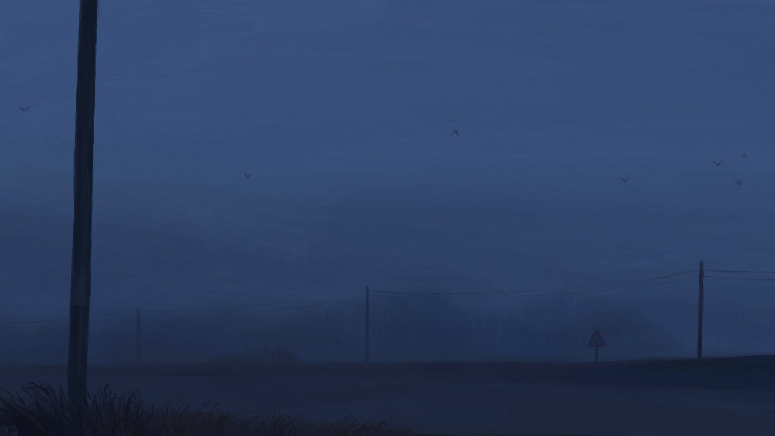 Digital painting of a foggy country road around blue hour. The sky is opaque, with a few birds flying there. There is a road sign, and phone lines running on the side of the road. There are trees in the distance, caught in the fog.