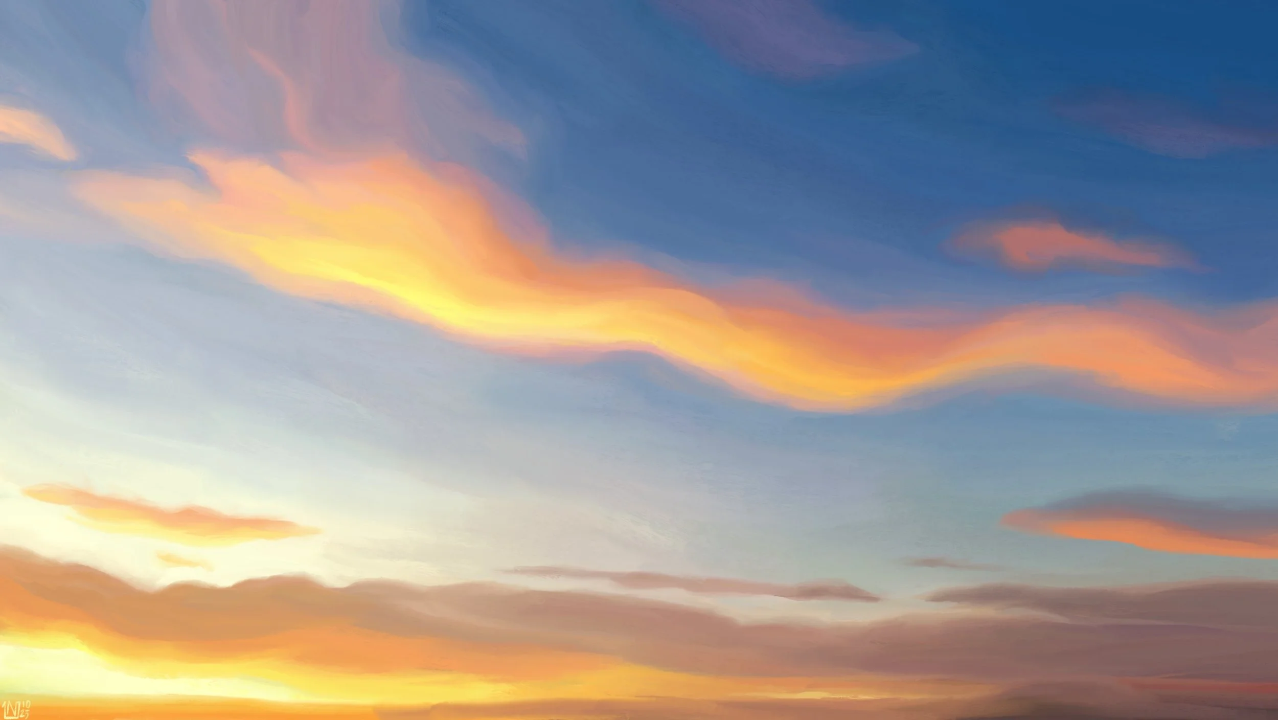 Digital painting of a sunrise sky, a bright gradient of blue to yellow, with long clouds stretching out across the frame. Bright orange light is hitting their underside.