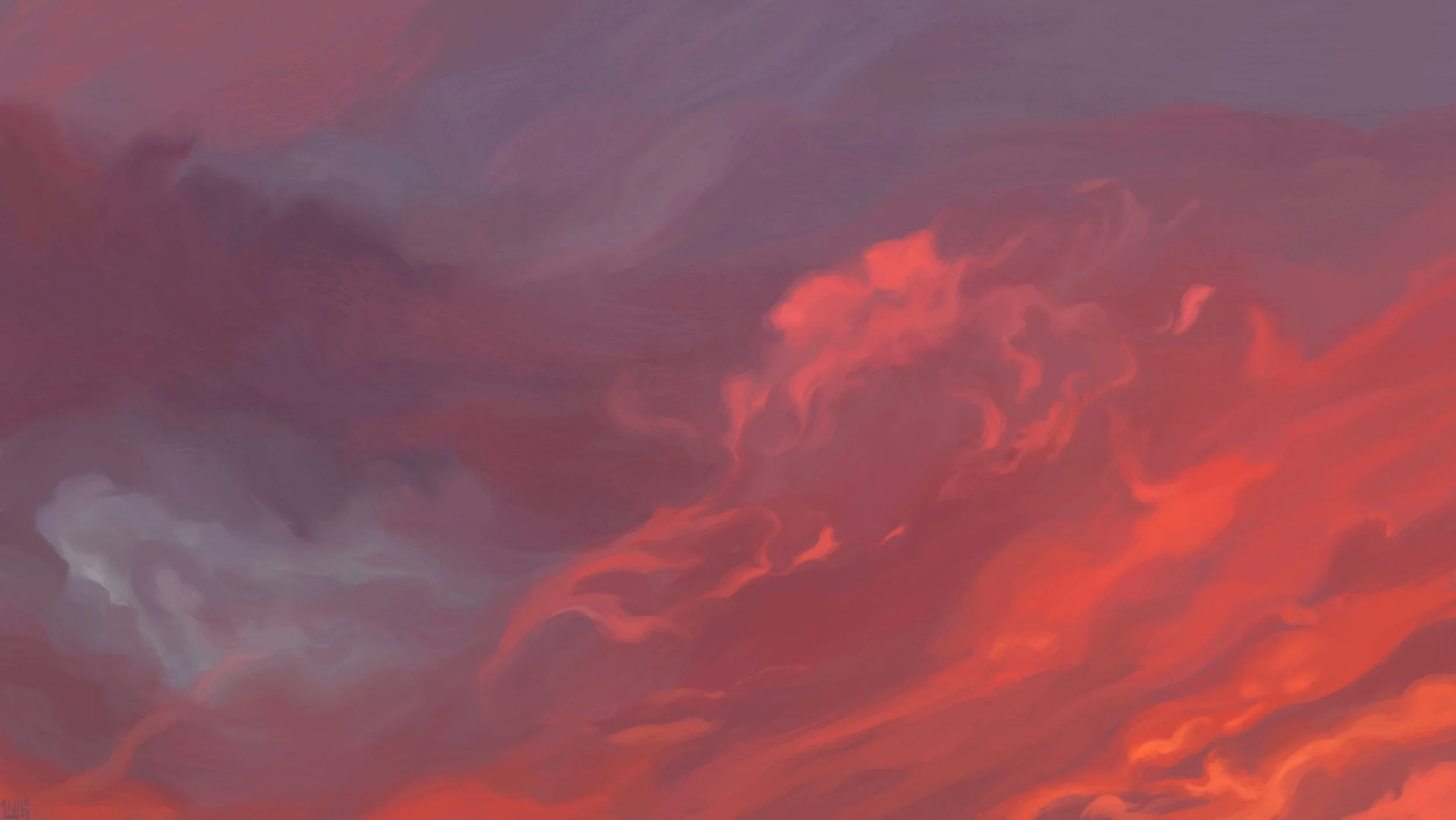 Digital painting of a sunset sky, a blurry mix of purple and grey covered in bright swathes of orange in the bottom right corner of the frame, curling and twisting in places.