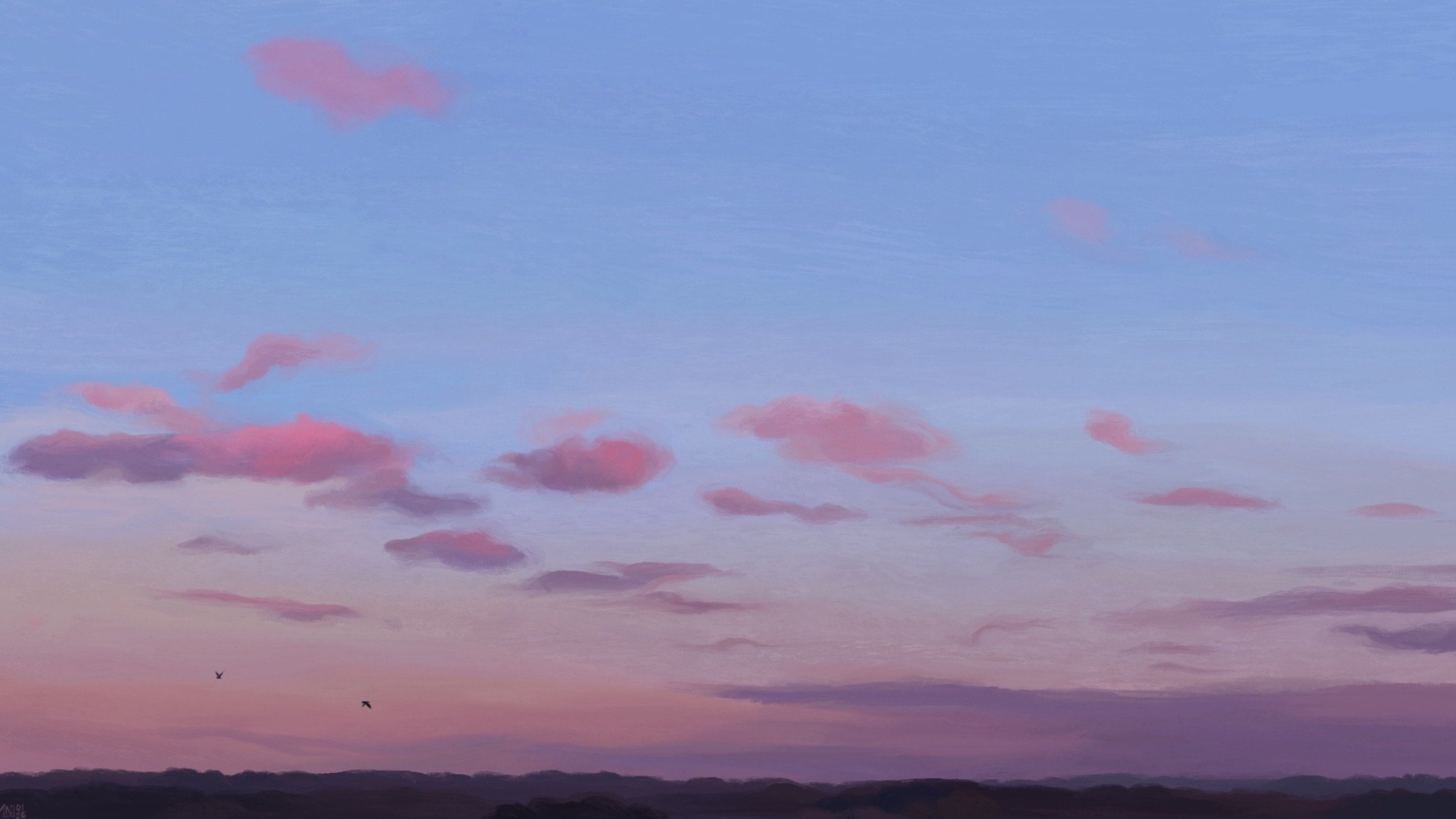 Digital painting of a sunset sky, a pastel gradient of blue to pink. There are pink and purple clouds scattered throughout the sky, and two birds flying in the distance. There is a wide expanse of woodlands, dark in the twilight.