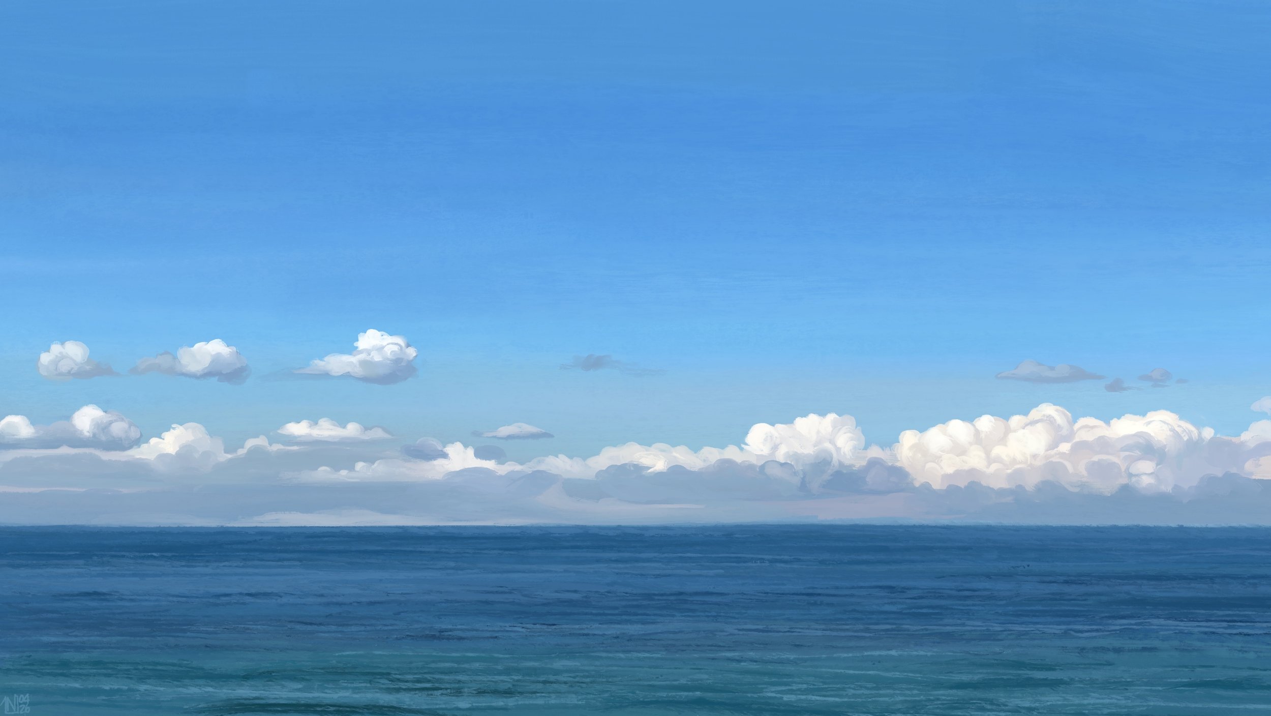 Digital painting of a seascape: the sky is blue, and the ocean is as well. There are white clouds bubbling up from a strip of grey over the horizon. The sea only has faint waves wrinkling its surface.