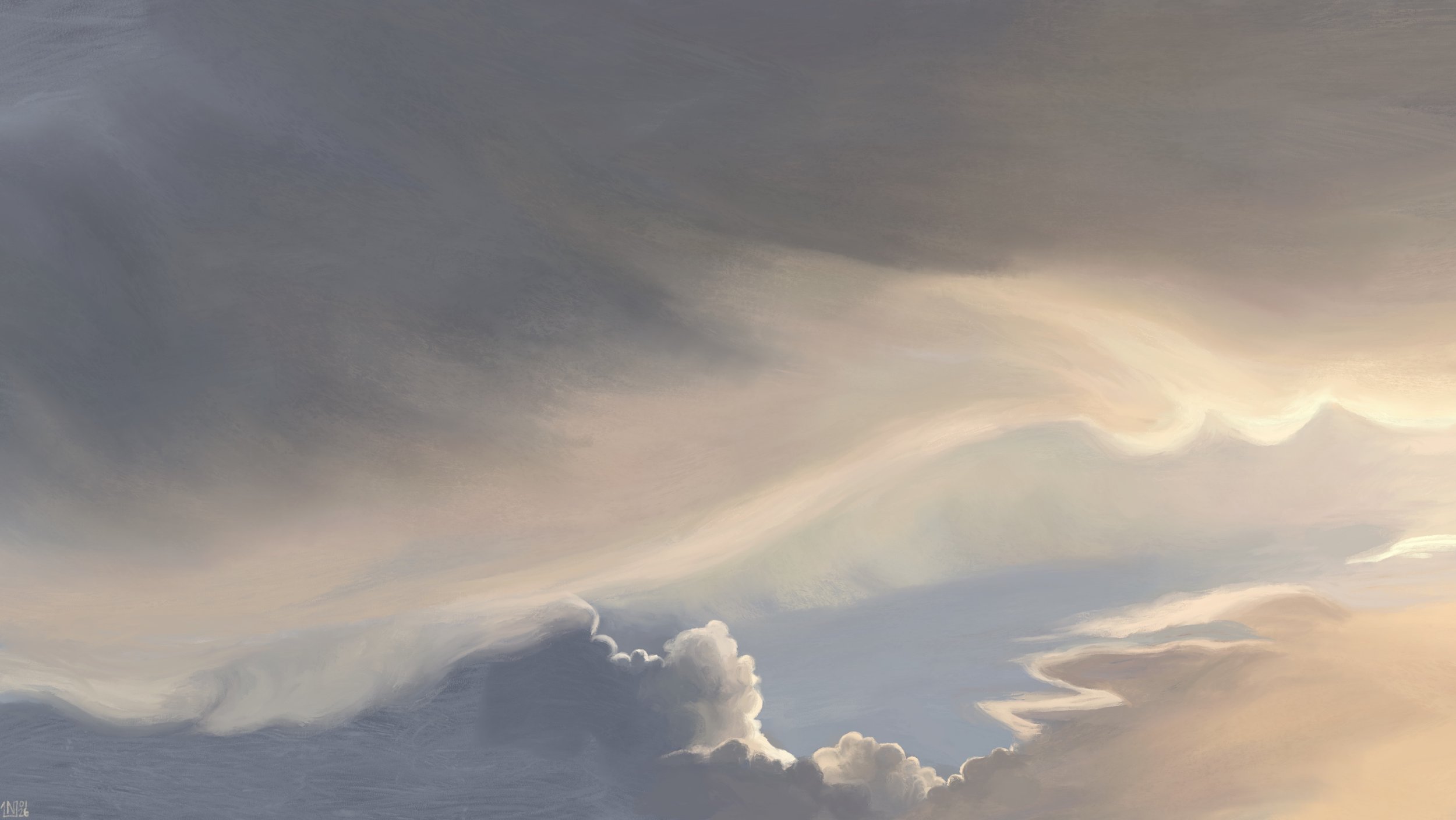 Digital painting of a cloudy sky: a large, sweeping veil in the top half of the frame, and smaller shapes with sharper outlines at the bottom. There is pale golden light coming through a gap of pale blue sky, illuminating the edges of the clouds.