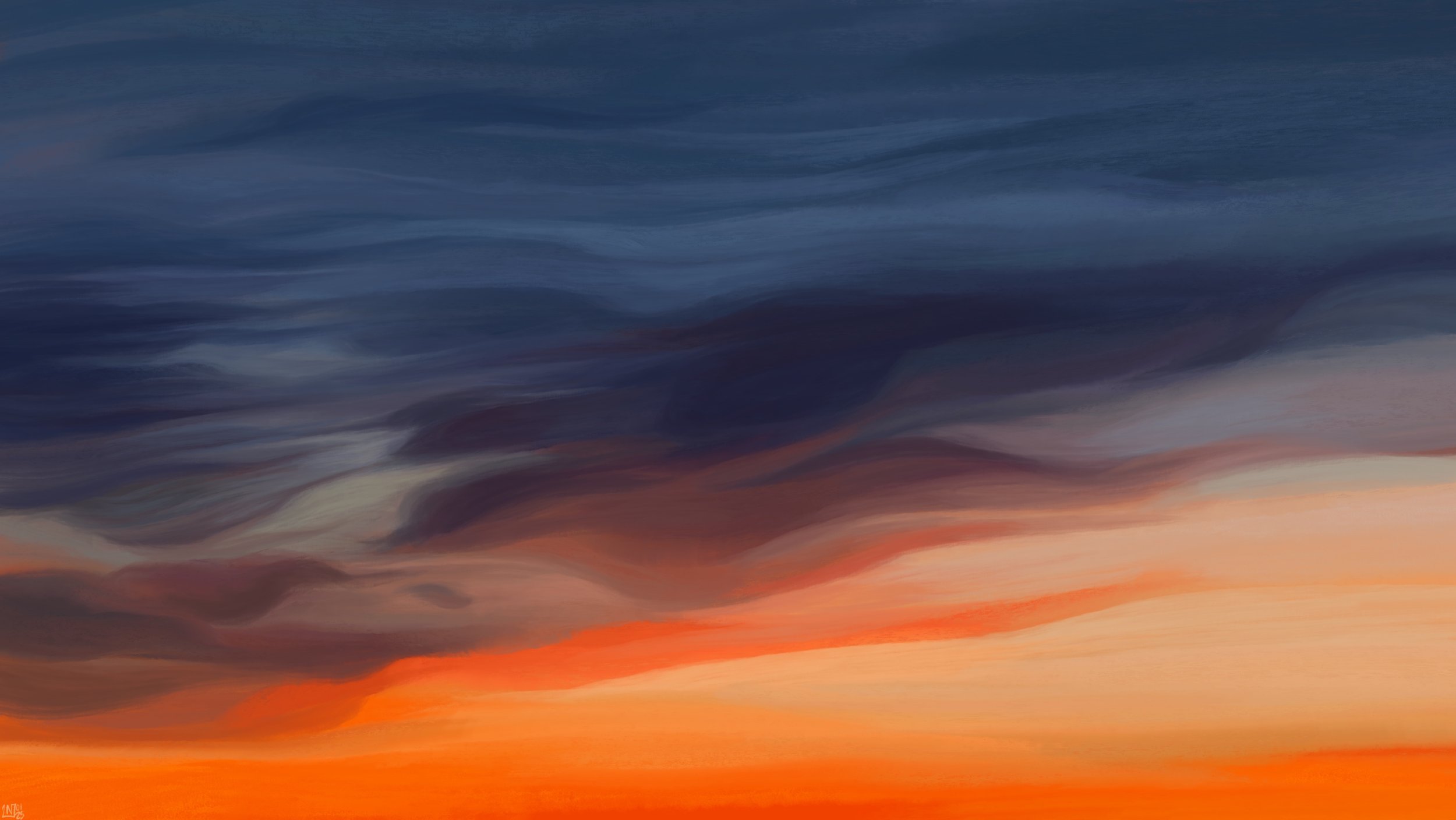 Digital painting of a sunrise sky, filled with long, wispy clouds. There is a gradient of dark blue to bright orange going on, with a bit of purple in the soft curves of the clouds.
