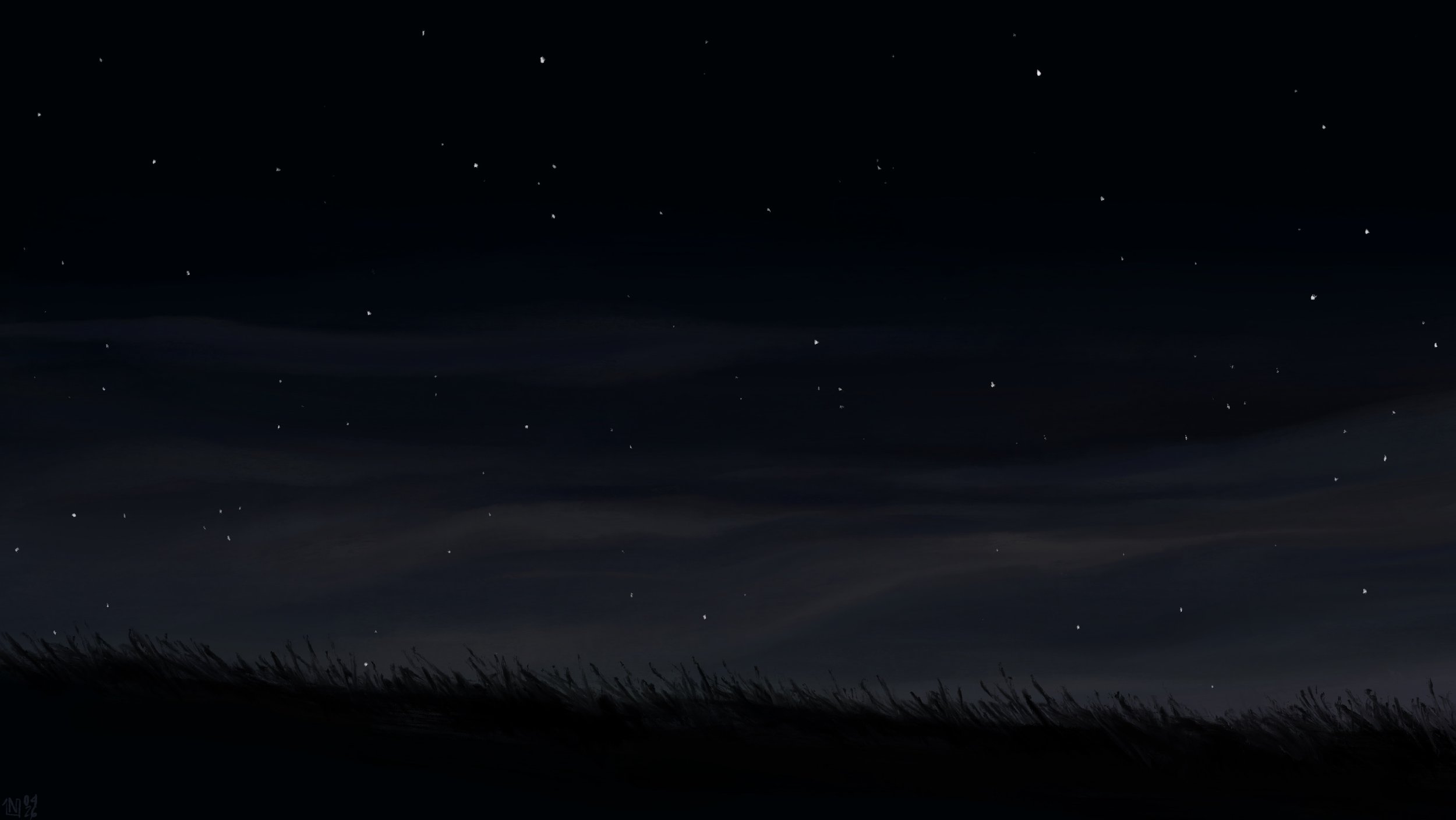 Digital painting of a dark, starry night sky. There are dark grey cirrus billowing above the horizon; the horizon is a dark patch of grass. The stars are numerous, glowing faintly.