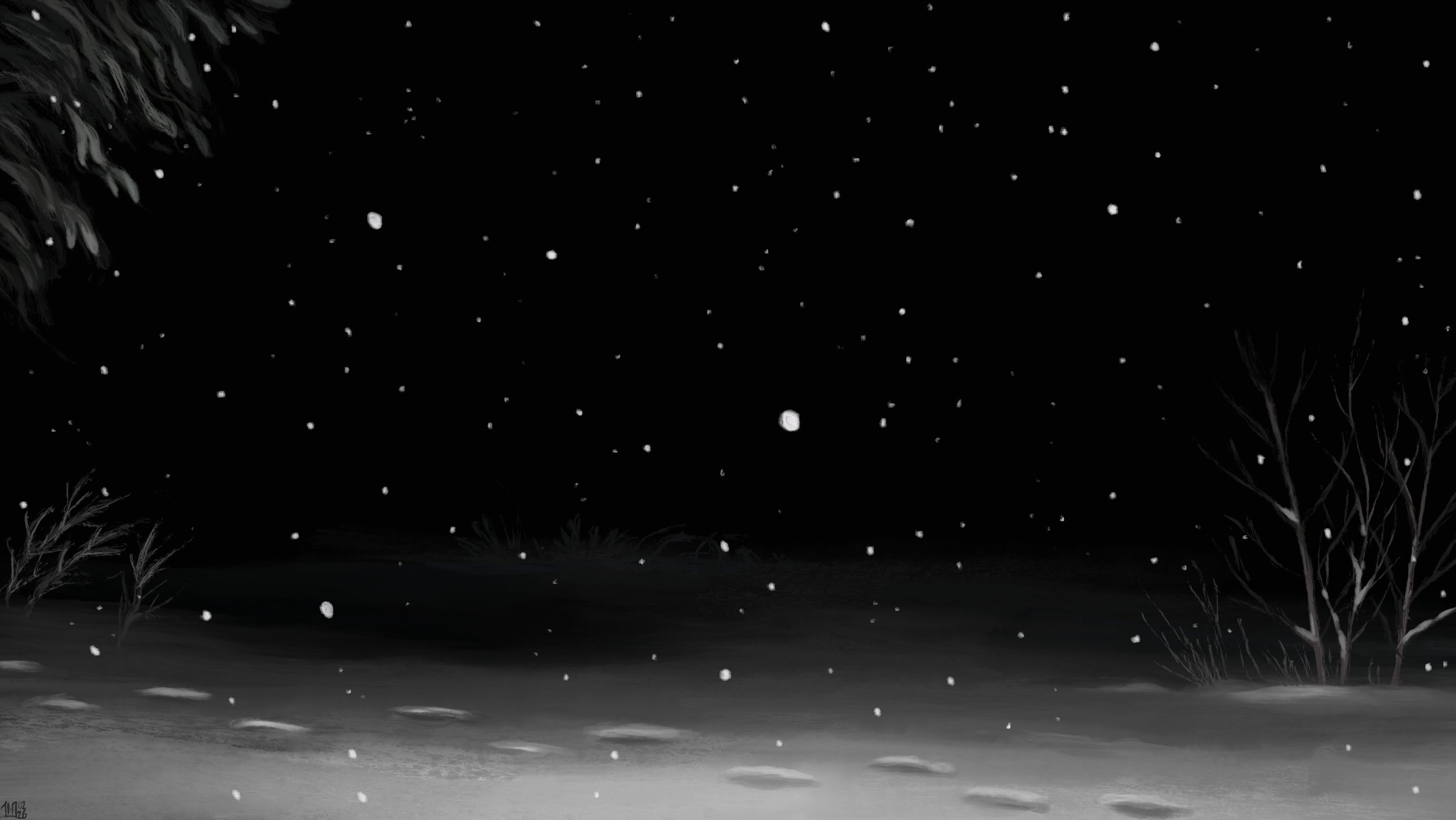 Digital painting of a snowy landscape in the pitch black night. White torchlight is catching branches and snowflakes in the near distance, as well as footprints in the fresh snow blanket. It is completely dark in the distance.