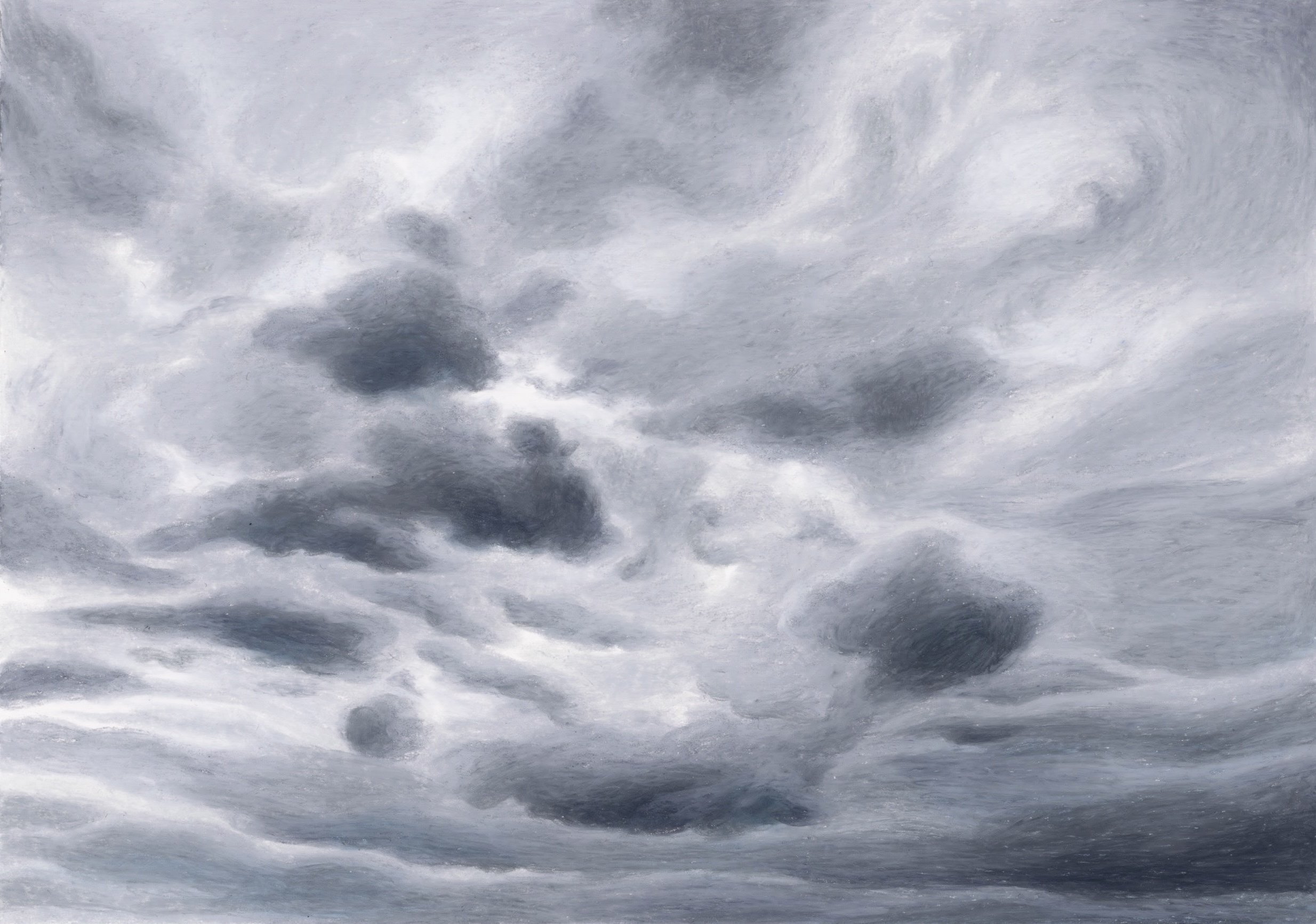 Wax pastel drawing a cloudy sky, a mix of all shades of grey in busy, layered clouds.