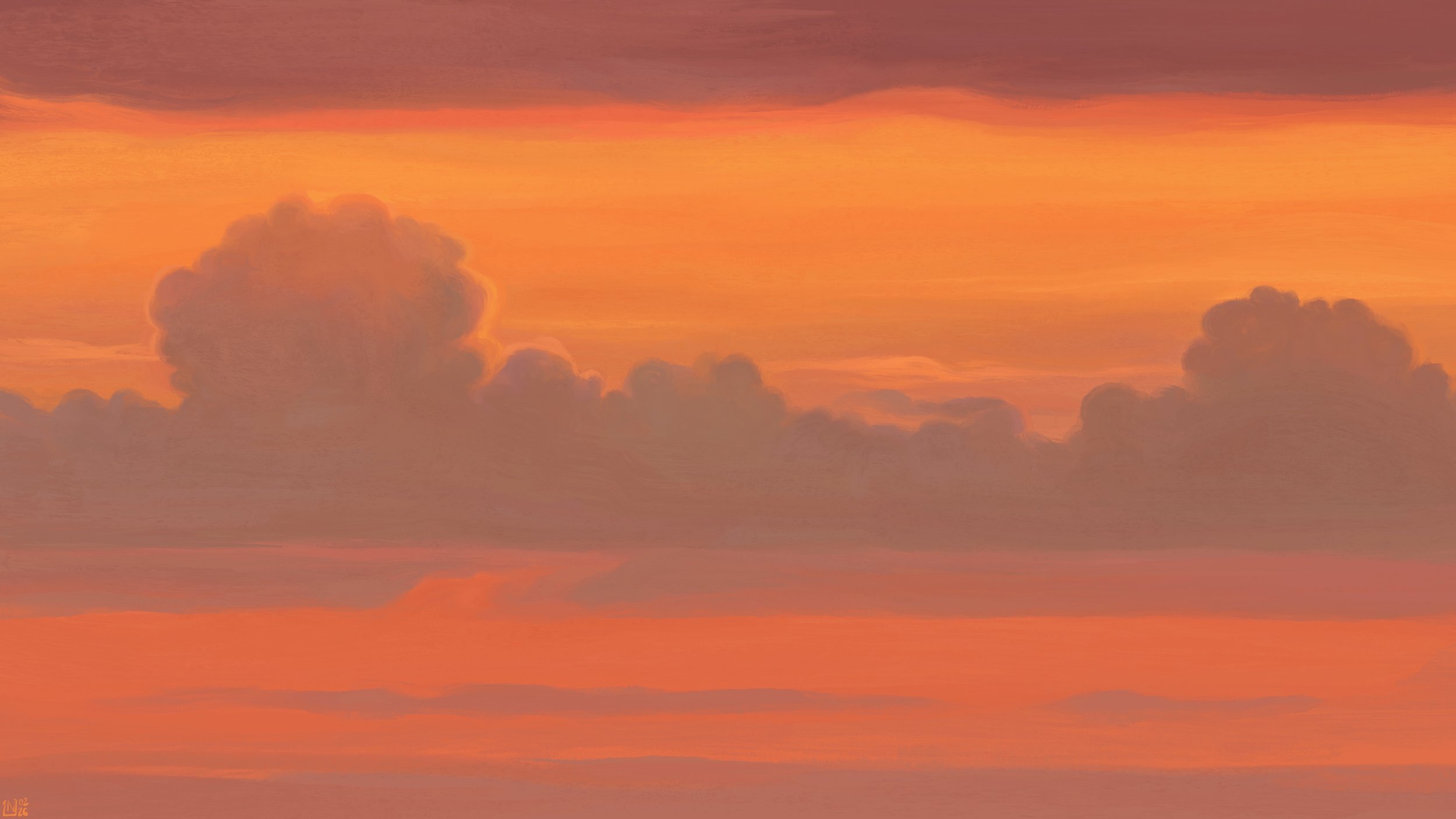 Digital painting of a sunset sky: it is bright orange, slightly hazy, with soft grey clouds traversing the frame. The light is more on the yellow side in the top half.