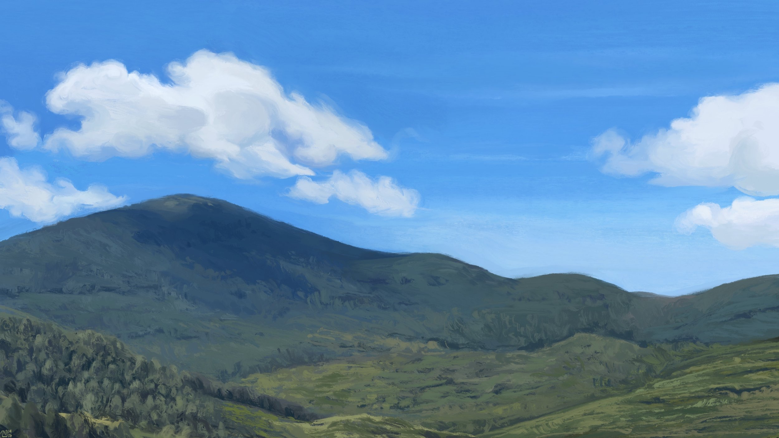 Digital painting of a mountainous landscape, peaks covered in green trees and wide expanses of grass under the blue sky. There are a few white clouds floating over the mountains, one of them casting a blue shadow on the trees.