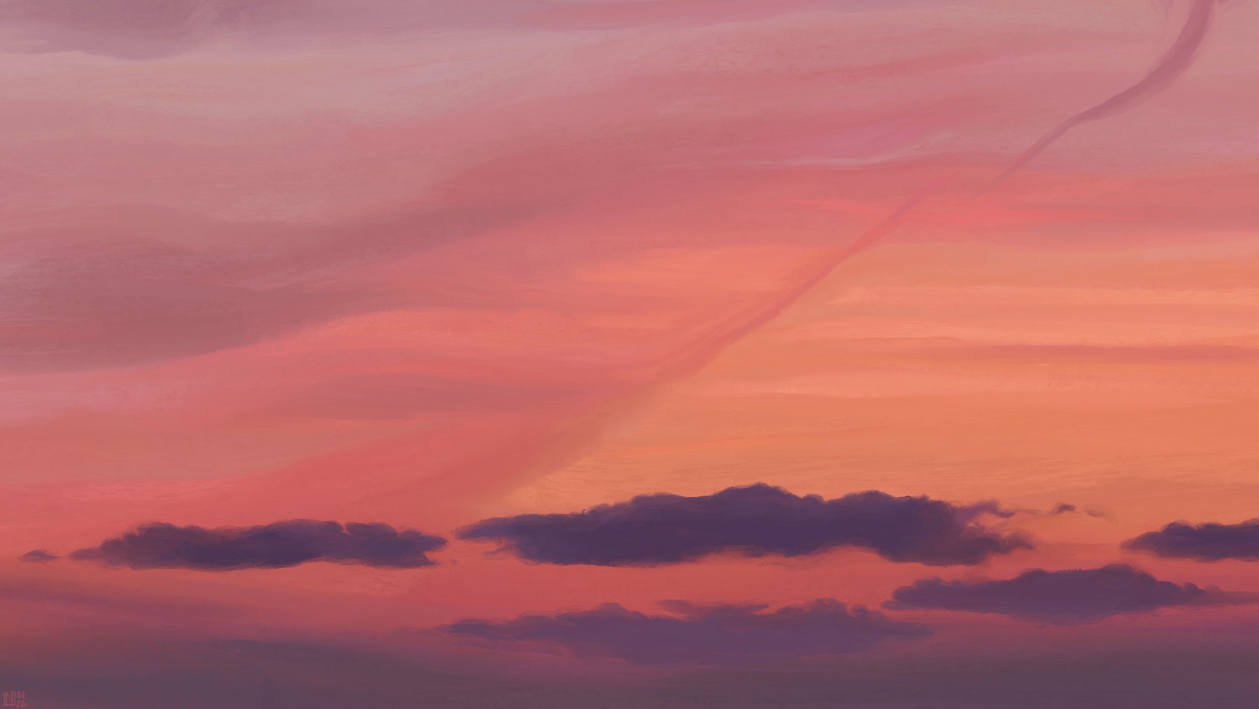 Digital painting of a sunset sky: a pink and orange veil is covering most of it, with a couple of rows of long, thin, purple clouds in the lower quarter of the frame.