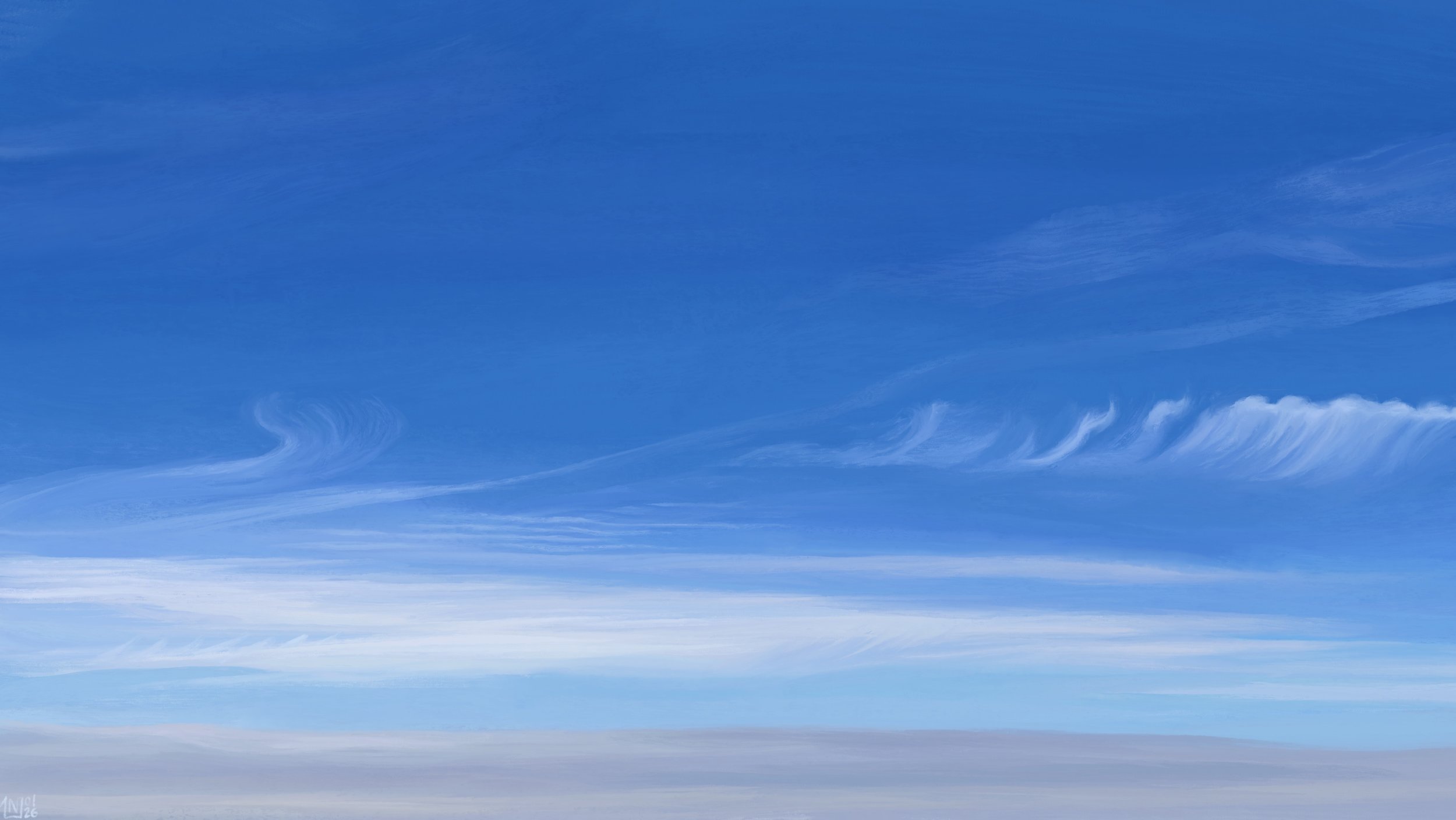 Digital painting of a blue sky with long, wispy white and light grey clouds in the bottom half of the frame. Some of the clouds are combed up and sideways into short curls.