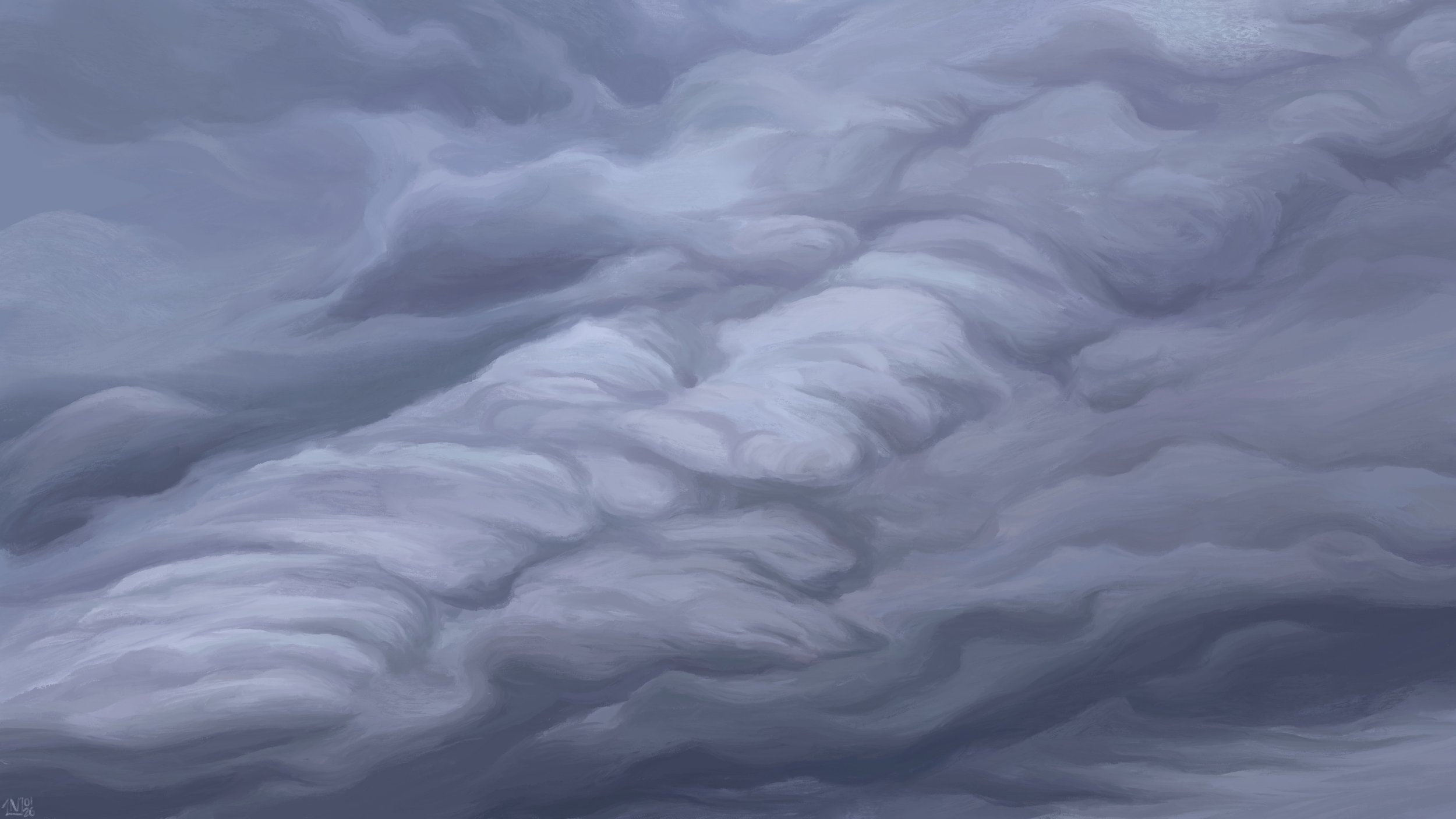 Digital painting of a dark grey sky in which the clouds are woven together in complex braids. The relief in the clouds is especially pronounced.