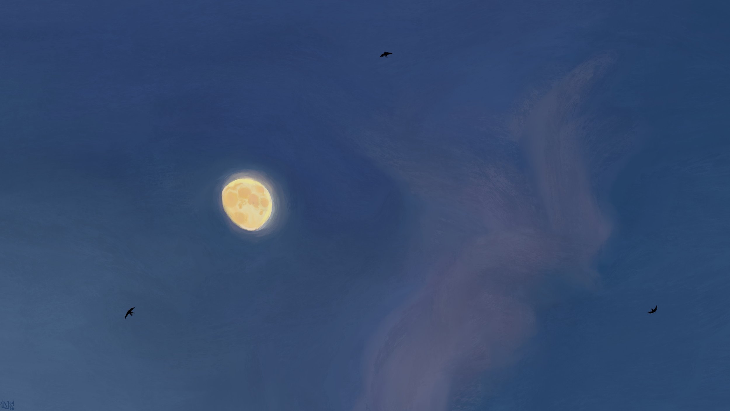 Digital painting of a dusk sky, dark blue with a smudge of a pale cloud stretching upwards by the waxing gibbous moon. The moon is glowing yellow; there are three swifts flying high around it.