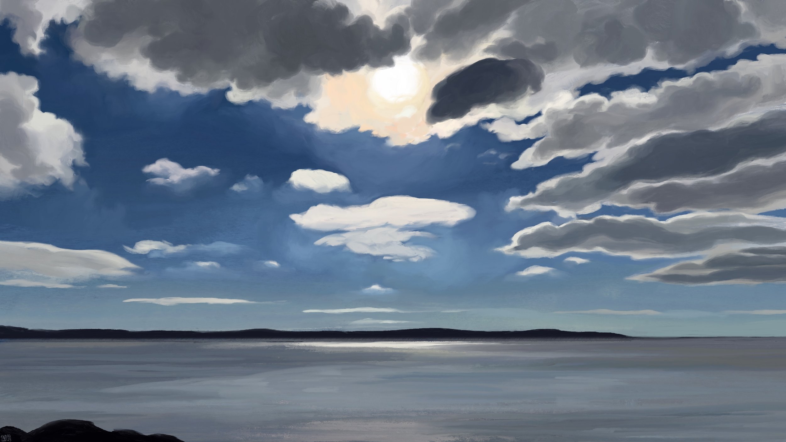 Digital painting of a seaside landscape, quiet water under a partly cloudy sky. The sun is half-hidden by long clouds, shining down the ocean in a single, bright ray of light.
