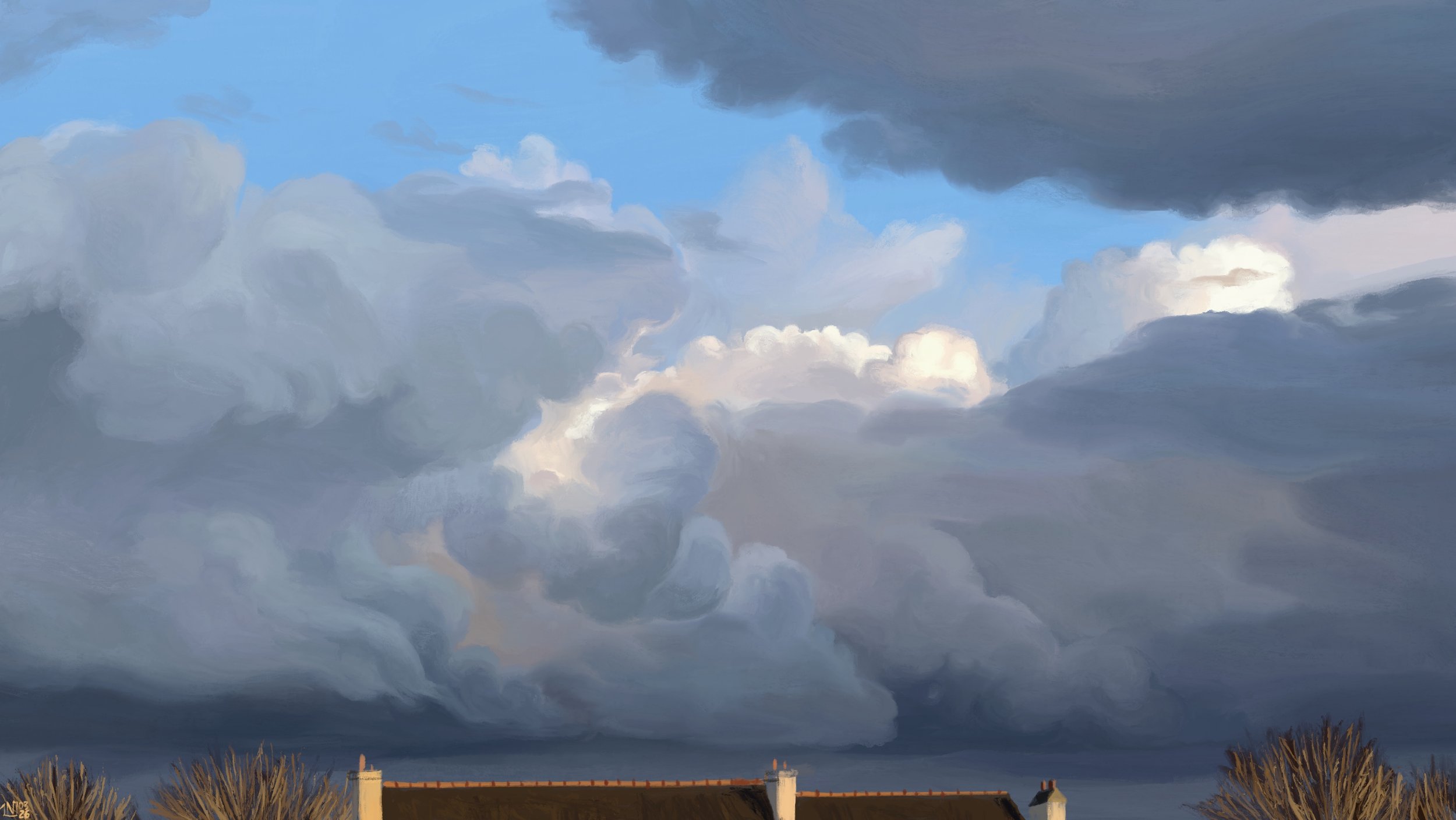 Digital painting of a largely overcast sky over a couple of sunlit roofs and bare trees. The clouds are voluminous, sweeping wide, shades of grey with touches of white where the sun hits them. Their base is flat, dark grey.