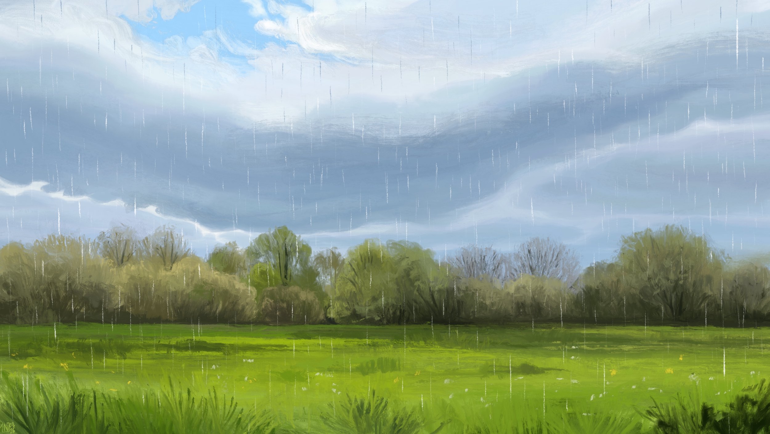 Digital painting of a field caught in a sun shower. The sky is mostly cloudy, with a gap showing a bit of blue. There is a line of trees covered in a smattering of green leaves. The grass is bright green. Concurrent sunshine and heavy rain.