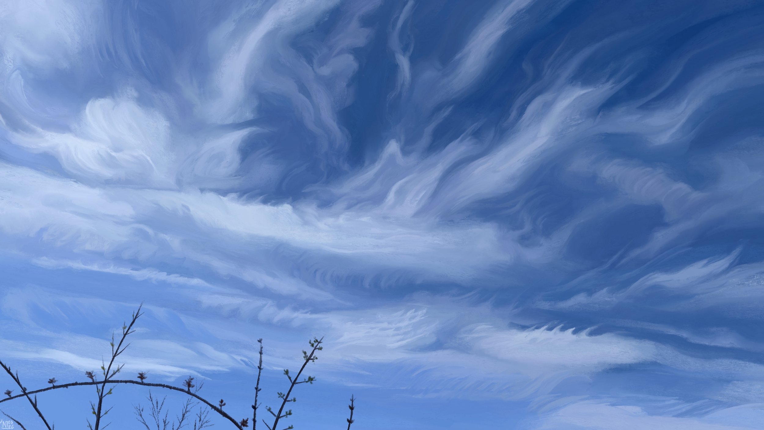 Digital painting of a bright blue sky filled with gauzy white clouds. The clouds are thin, branching out into undulating patterns, tighter and looser in places. There are a few burgeoning branches showing in the lower left corner of the frame.