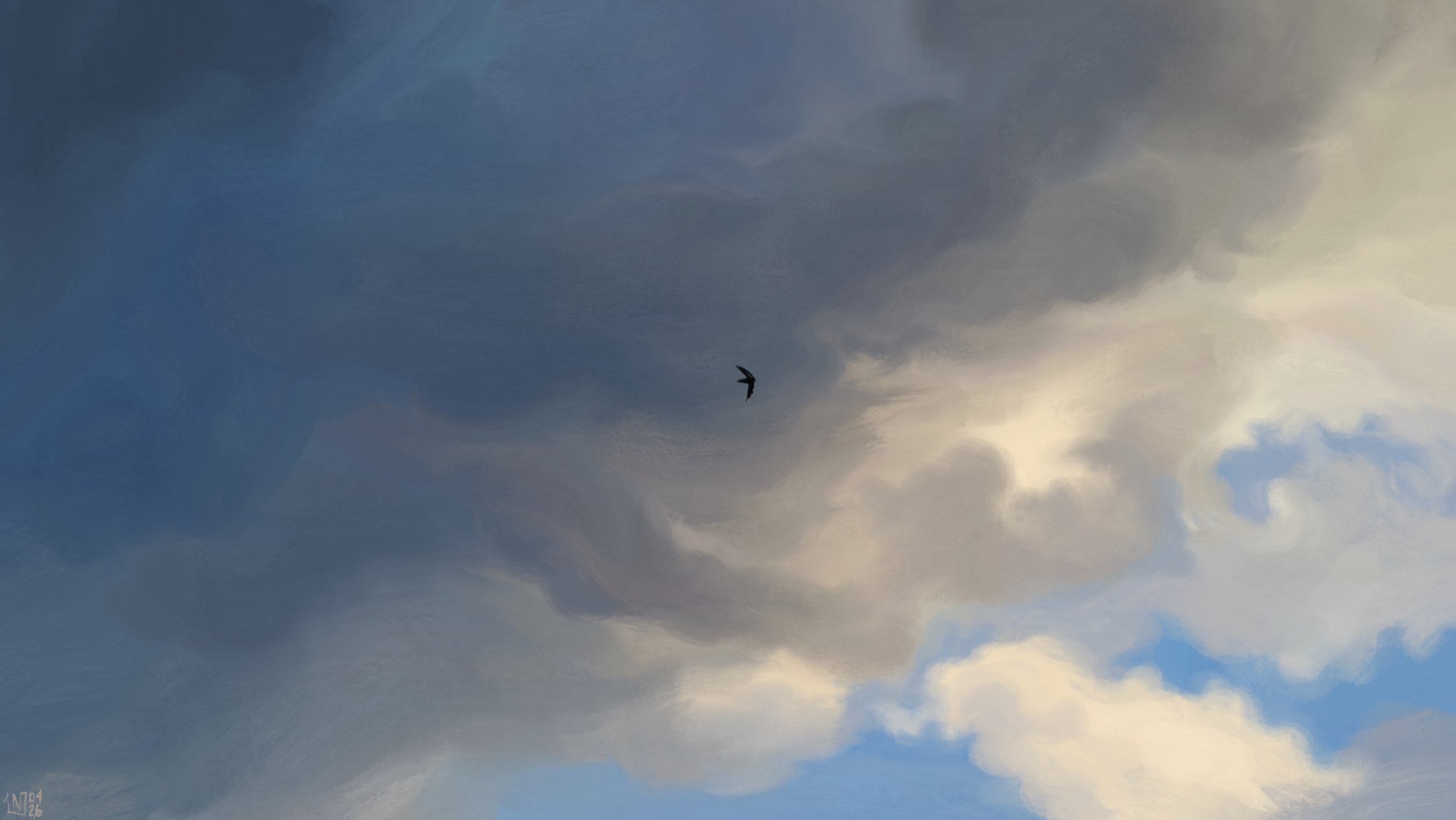 Digital painting of a mostly overcast sky with a variety of shades: dark, grey-blue to the left-hand side, going into light grey and white where the clouds are crumbling into the blue sky. There is a common swift flying in the middle of the frame.