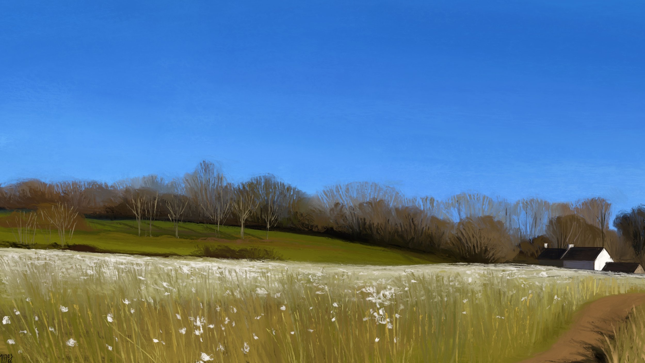 Digital painting of a countryside scene: a white rapeseed field is flowering, in the foreground of a hill crested with largely bare trees. There is a path going out of frame to the very right, and a couple of houses beyond. Bright, clear blue sky.