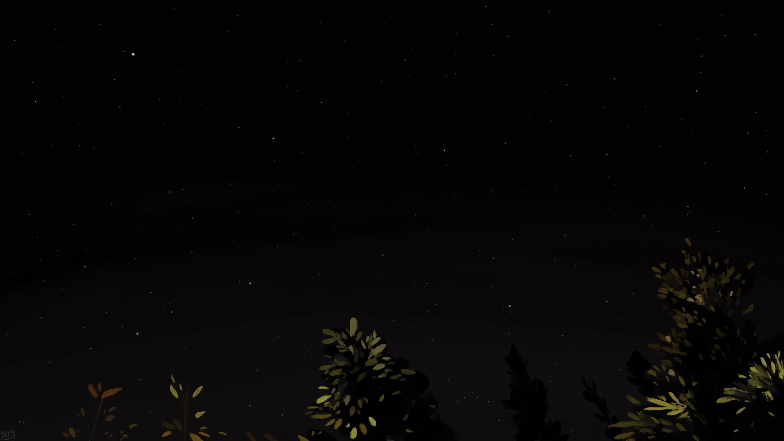 Digital painting of a clear night sky, sprinkled with many stars. There are treetops poking into the lower tier of the frame, lit from the side.