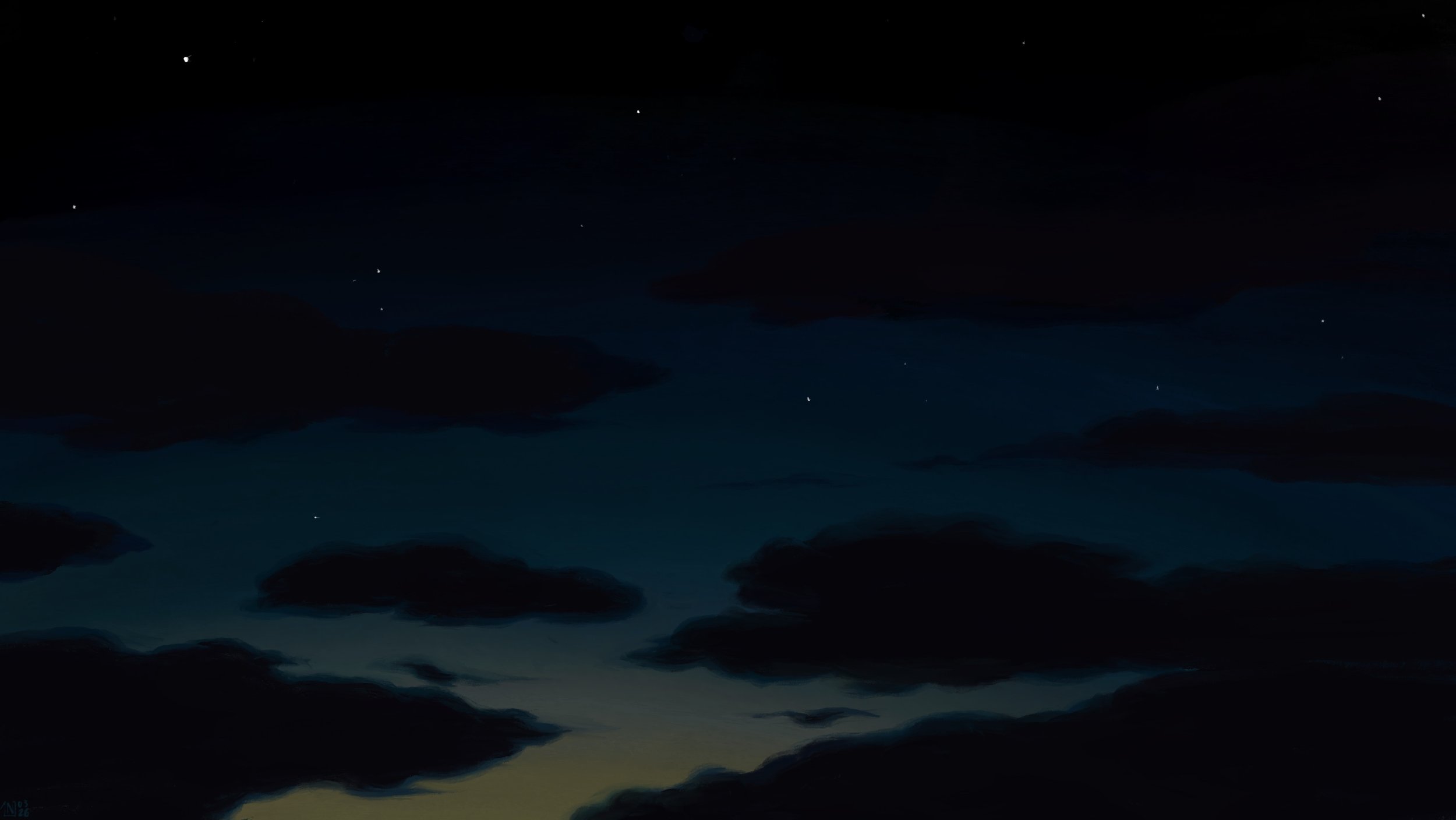 Digital painting of a twilight sky, a gradient of dark blue going into green. There are long black clouds spread out across the sky, and a few stars as well.