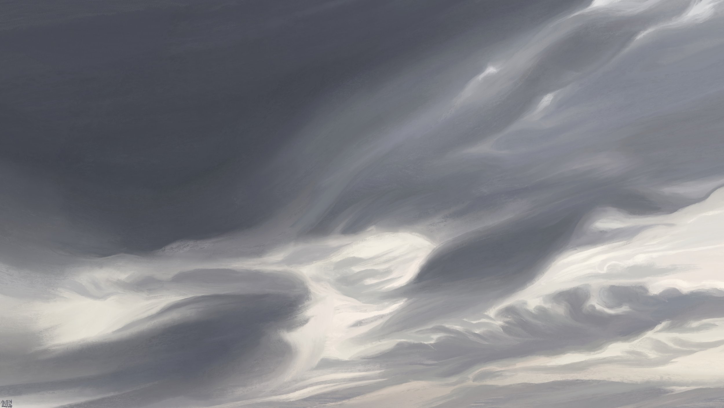 Digital painting of a cloudy sky: a pale grey, covered in darker clouds. Those dark clouds are mostly smooth and flat, following the wind as though combed through. There are some scraggly clouds in the bottom right corner of the frame.