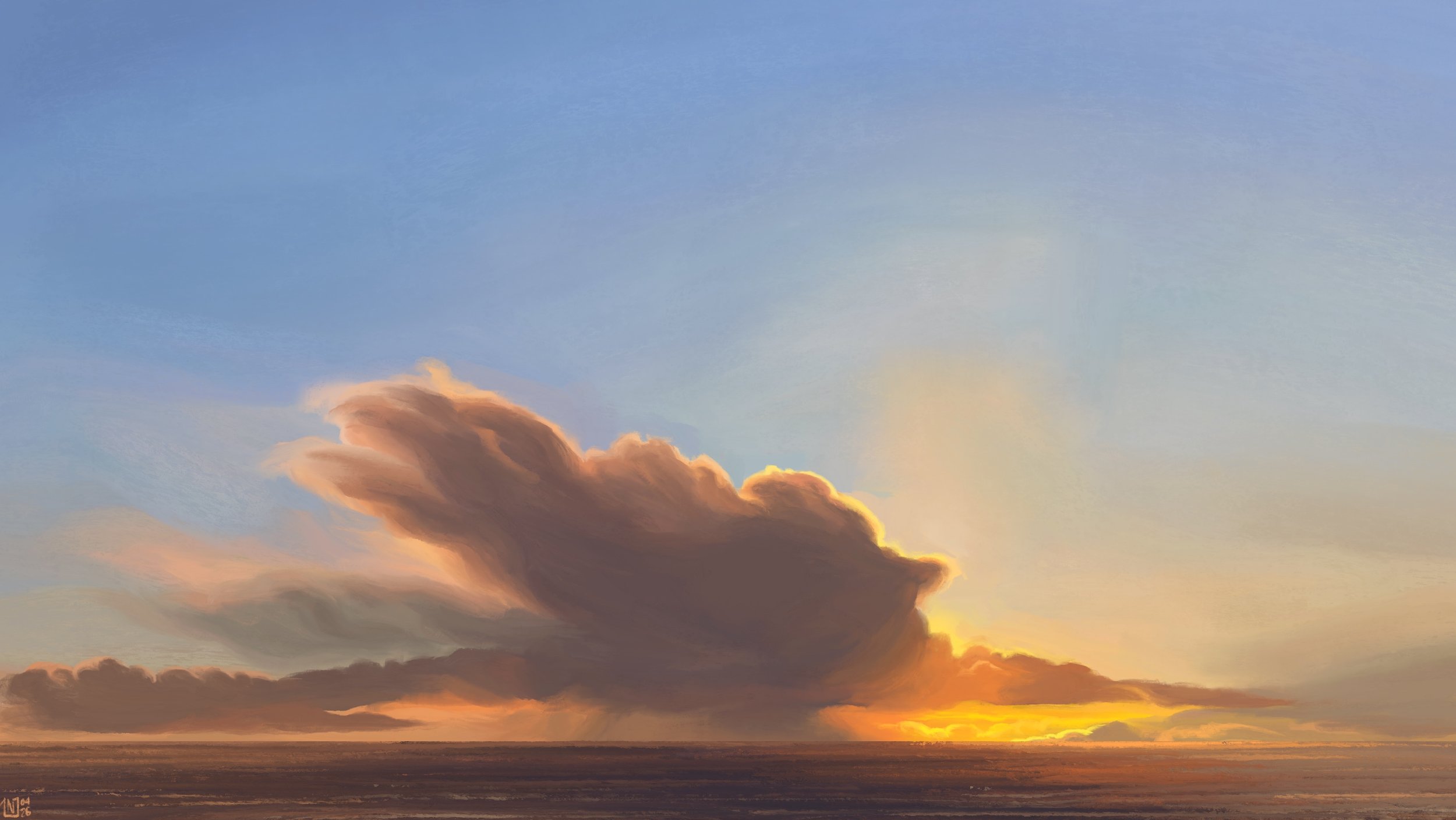 Digital painting of a sunset scene at sea: there is a large cloud blocking the yellow setting sun, extending both sides as thin, flat clouds on the horizon. The sun still manages to reach around, glowing orange. Clear sky, calm sea.